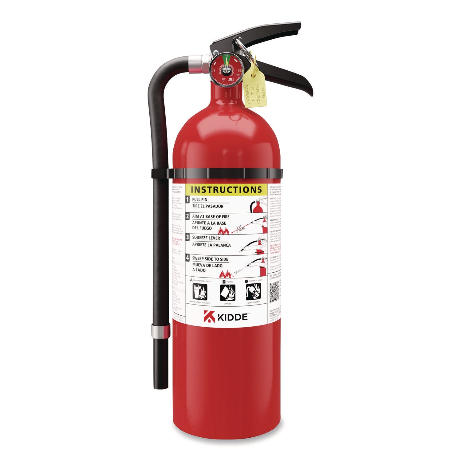 5.50 lb Capacity - A: Common Combustibles, B: Flammable Liquids, C: Live Electrical Equipment - Rechargeable, Impact Resistant, Safety Pin