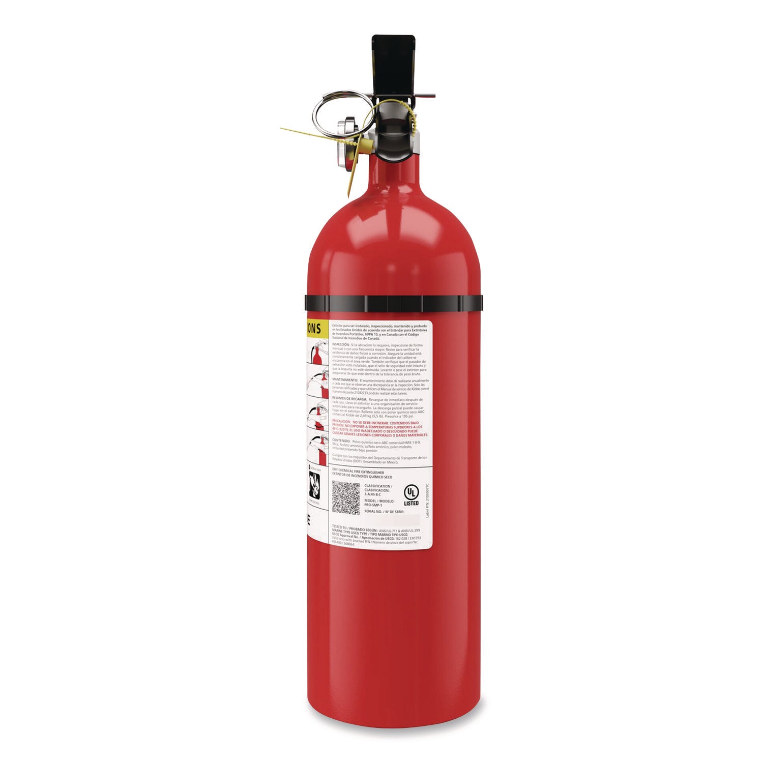 5.50 lb Capacity - A: Common Combustibles, B: Flammable Liquids, C: Live Electrical Equipment - Rechargeable, Impact Resistant, Safety Pin