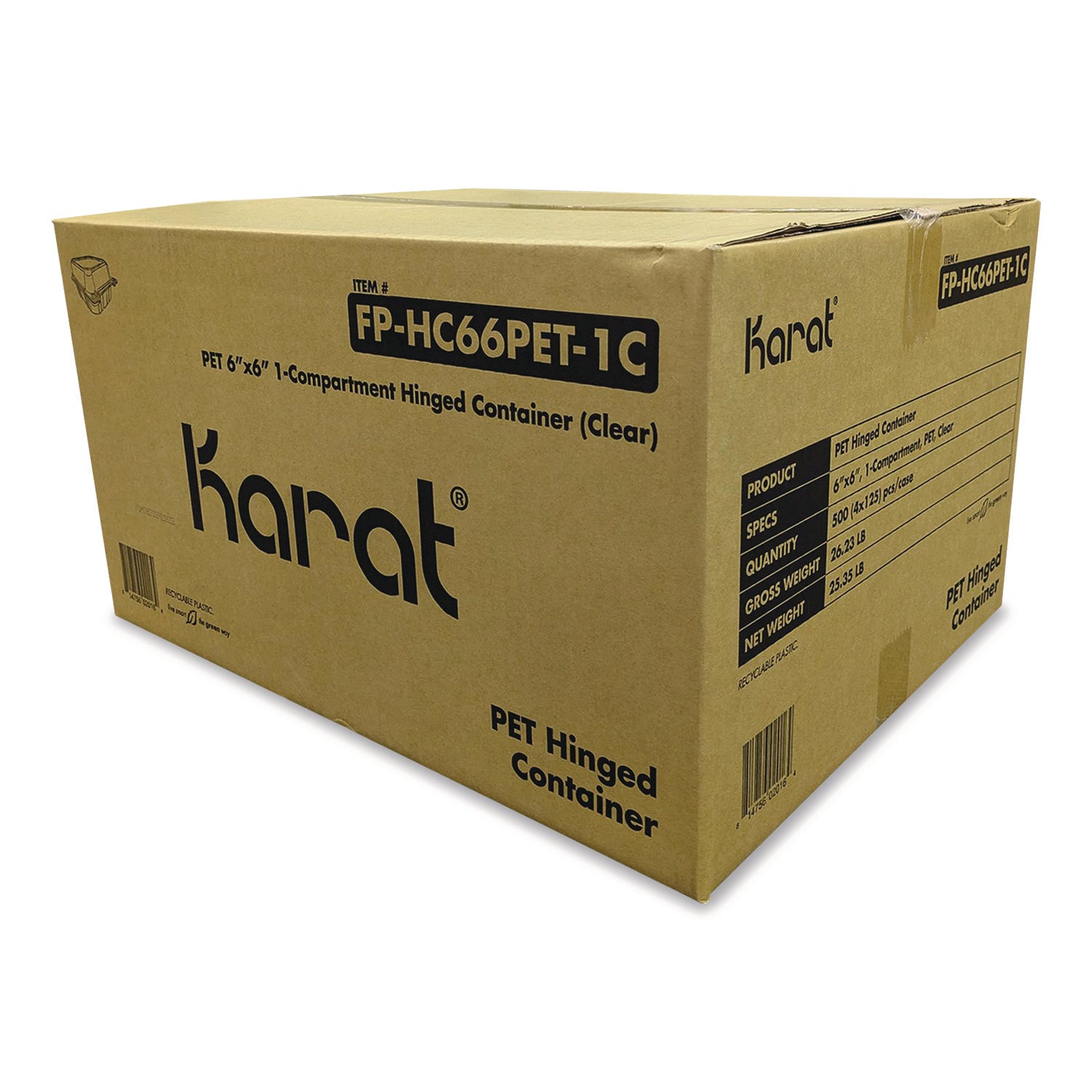 PET Plastic Hinged Container, 6 x 6 x 3.3, Clear, Plastic, 500/Carton