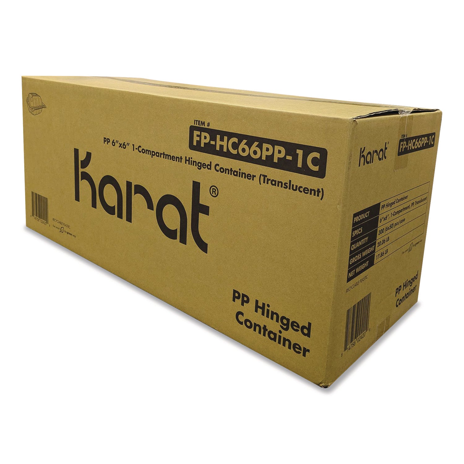 Polypropylene Plastic Hinged Container, 6 x 6 x 3.3, Clear, Plastic, 50/Pack, 6 Packs/Carton
