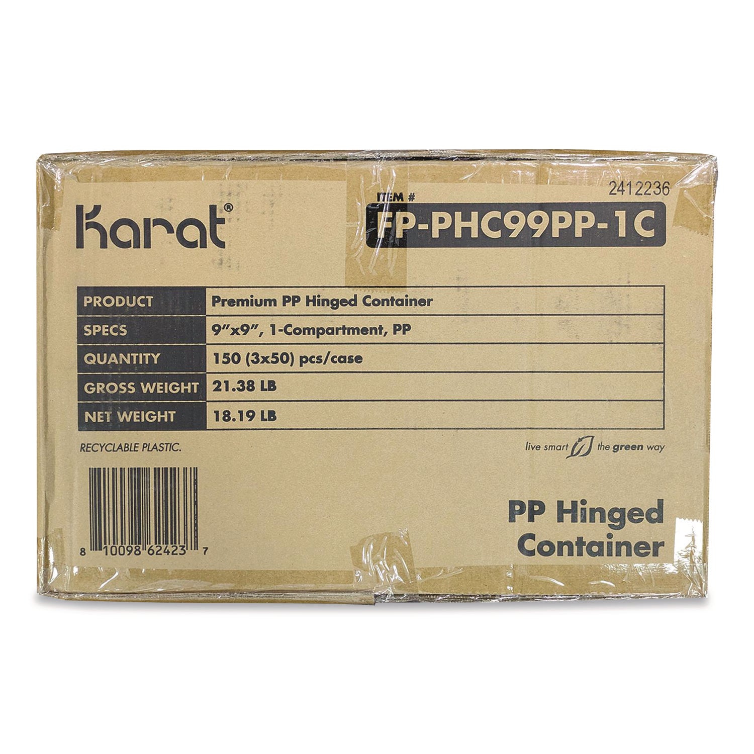 Polypropylene Plastic Hinged Container, 9 x 9 x 3, Black/Clear, Plastic, 50/Pack, 3 Packs/Carton