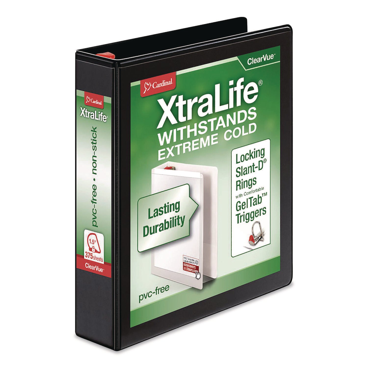 Cardinal Xtralife ClearVue Locking Slant-D Binder, 1.5" Capacity, 375 Sheet, Letter Size, 3 D-Rings, 2 Inside Pockets, Black, Polyolefin, Non-stick, PVC-free, Clear Overlay, Cold & Crack Resistant, 1 Each