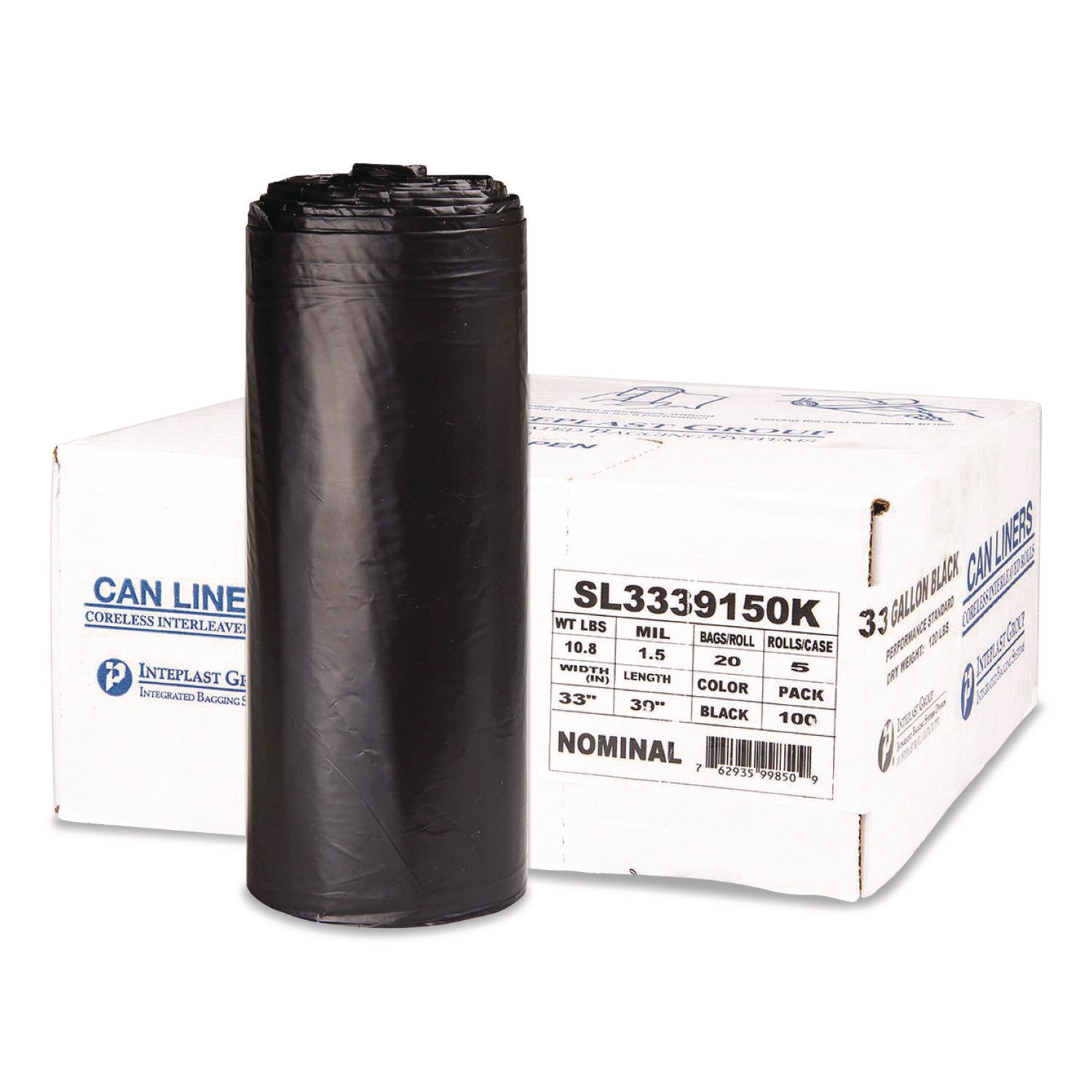 Low-Density Commercial Can Liners, 33 gal, 1.5 mil, 33" x 39", Black, Interleaved Roll, 20 Bags/Roll, 5 Rolls/Carton