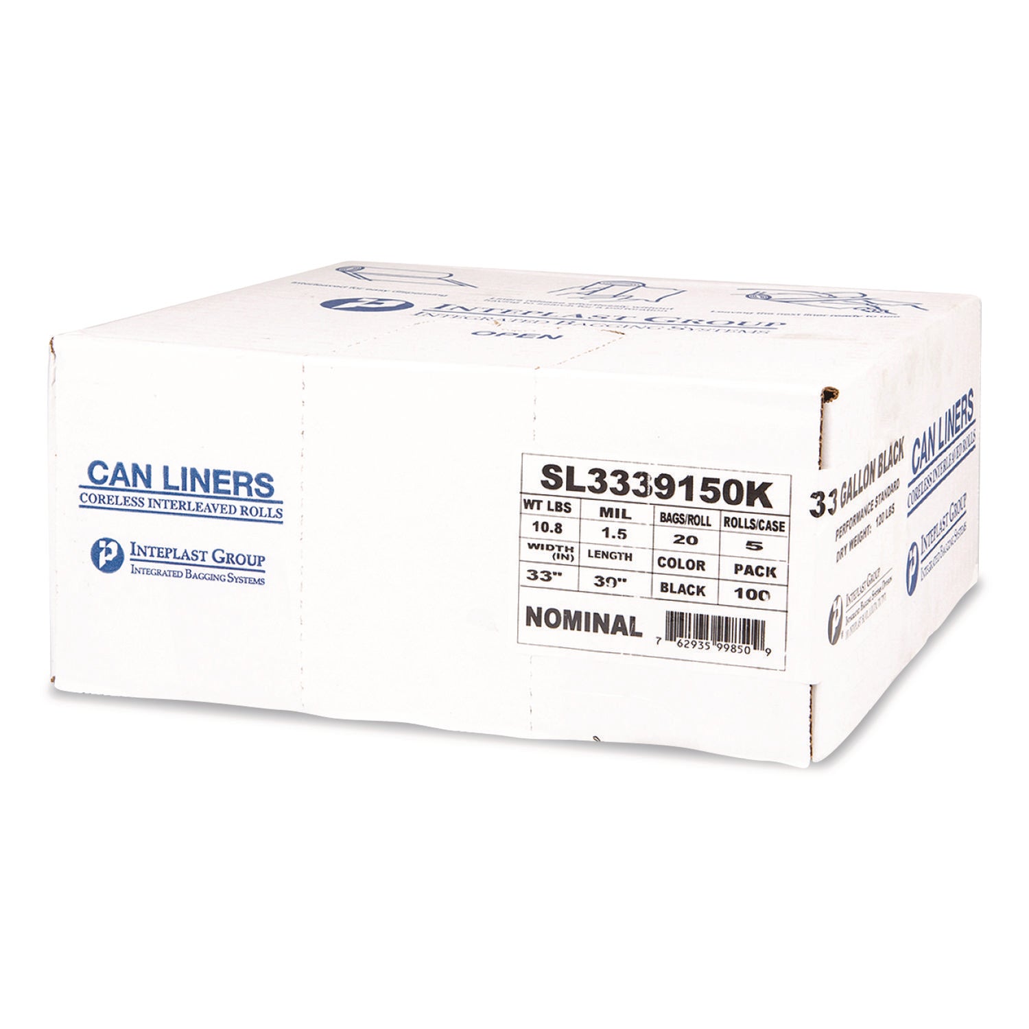 Low-Density Commercial Can Liners, 33 gal, 1.5 mil, 33" x 39", Black, Interleaved Roll, 20 Bags/Roll, 5 Rolls/Carton
