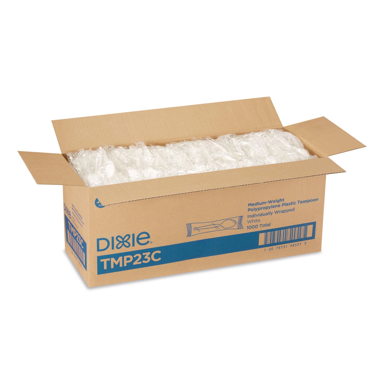 Mediumweight Polypropylene Cutlery, Individually Wrapped, Teaspoon, Plastic, White, 1,000/Carton
