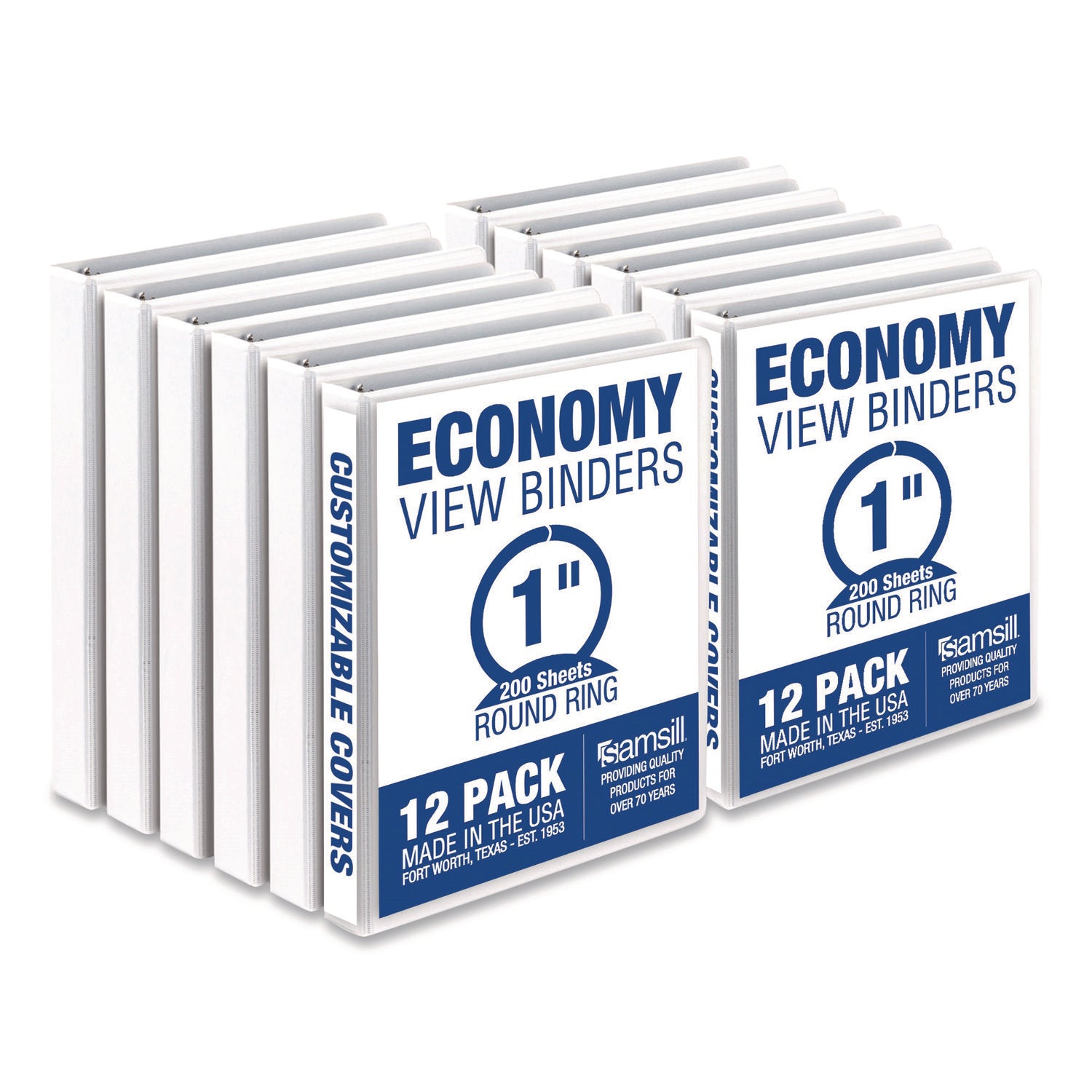Samsill Economy View Binder, 1" Capacity, 3 Round Rings, 2 Internal Pockets, Letter Size, White, Clear Overlay, Customizable Spine/Cover, Recycled, 12/Carton