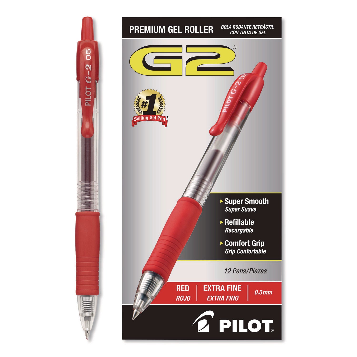 G2 Premium Gel Ink Retractable Pens, 0.5 mm Extra Fine, Red Ink, Refillable, 1 Dozen