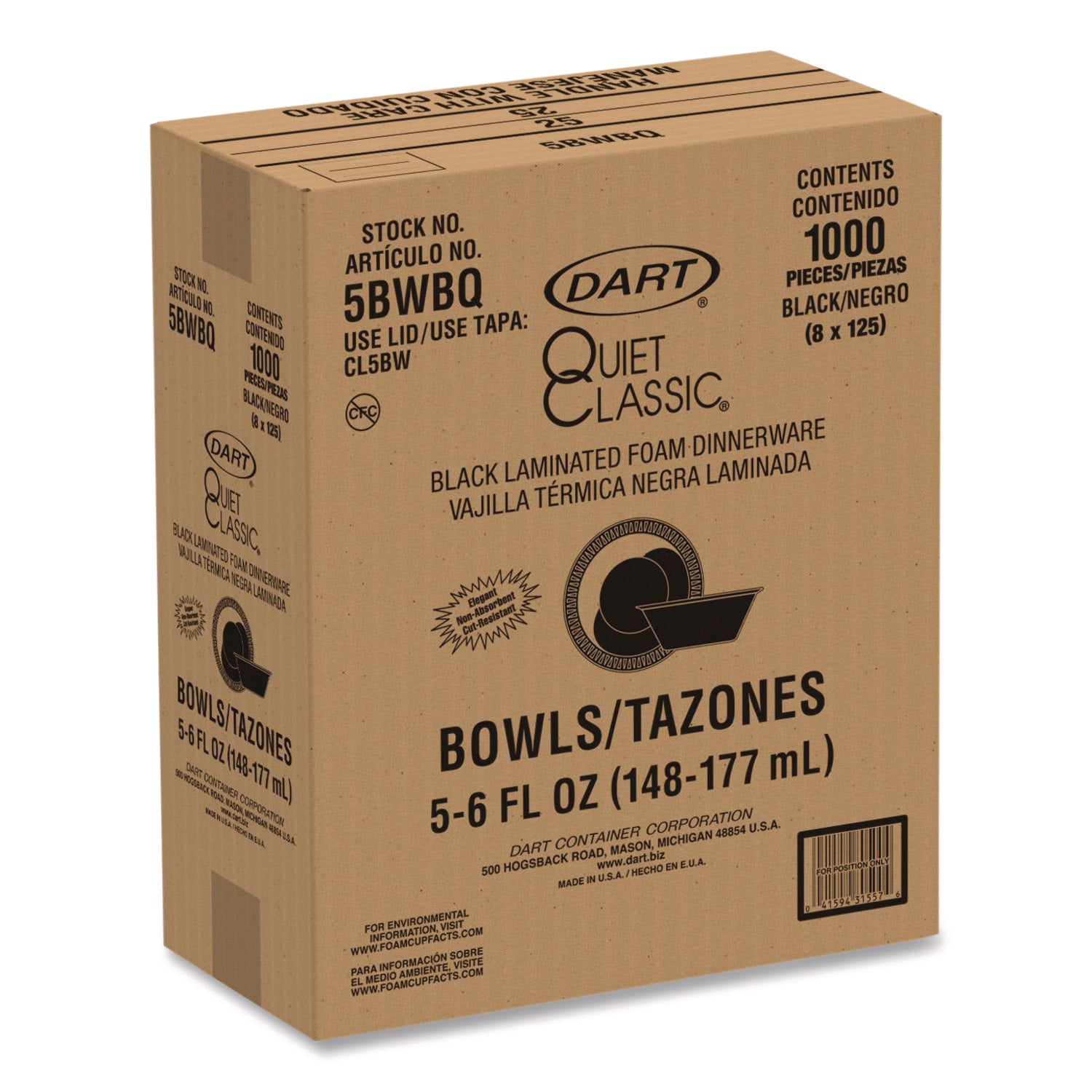 Quiet Classic Laminated Foam Dinnerware, Bowl, 5 oz, Black, 125/Sleeve, 8 Sleeves/Carton