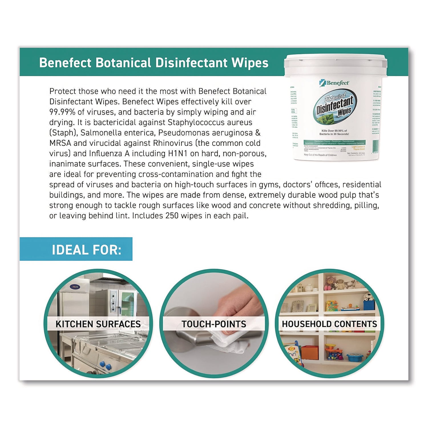 Botanical Disinfectant Wipes, 6 x 7, Light Lemon and Thyme, 250/Bucket