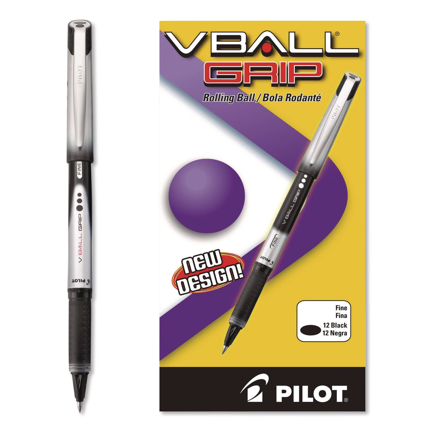 Pilot Vball Grip Liquid Ink Rollerball Pens - 0.7 mm Fine Pen Point - Black Ink - Metal Barrel - 1 Dozen