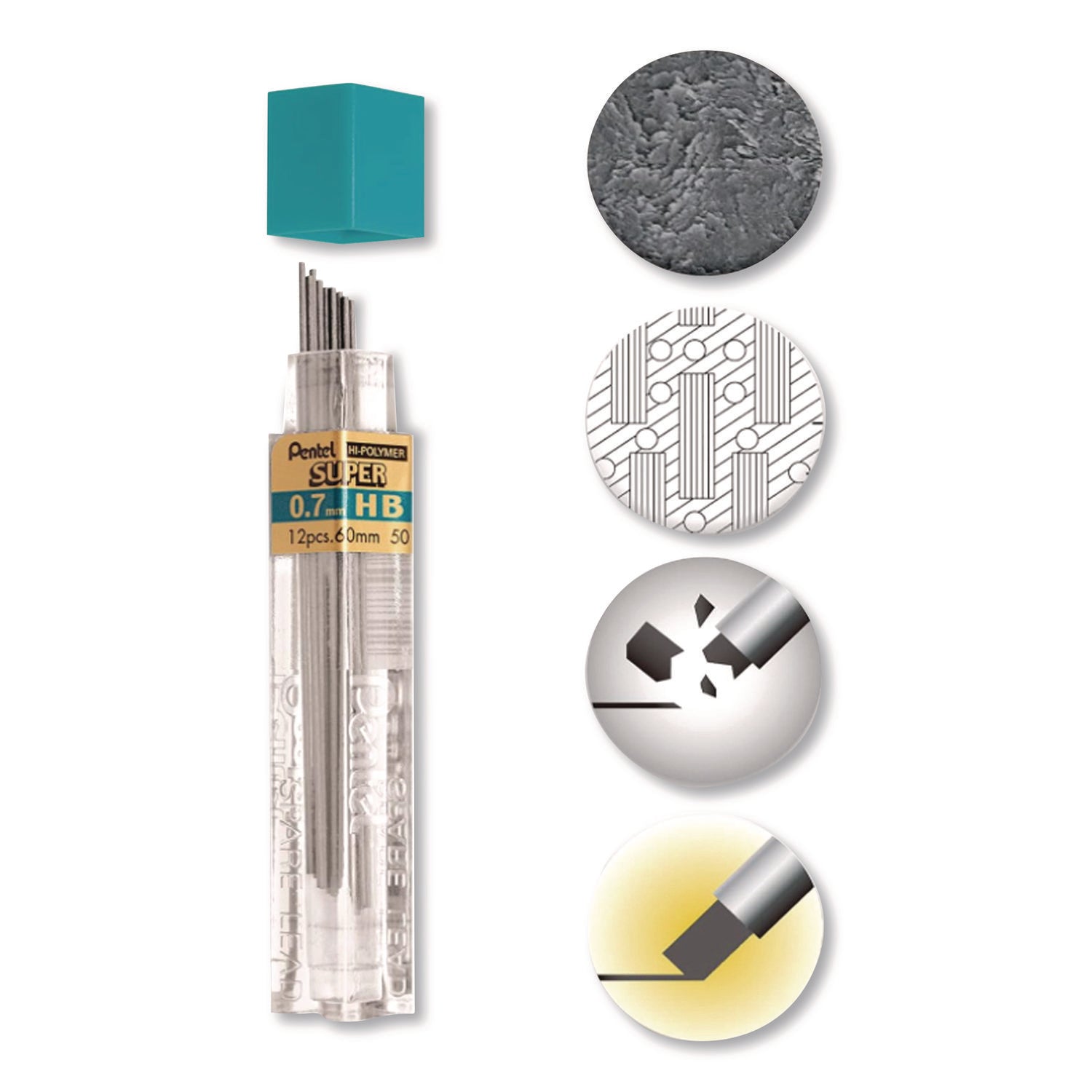 Pentel Super Hi-Polymer Lead Refills for Mechanical Pencils, 12 Leads Per Tube, HB Grade, Standard Lead for Everyday Use, 0.7mm Medium Point, 50-HB