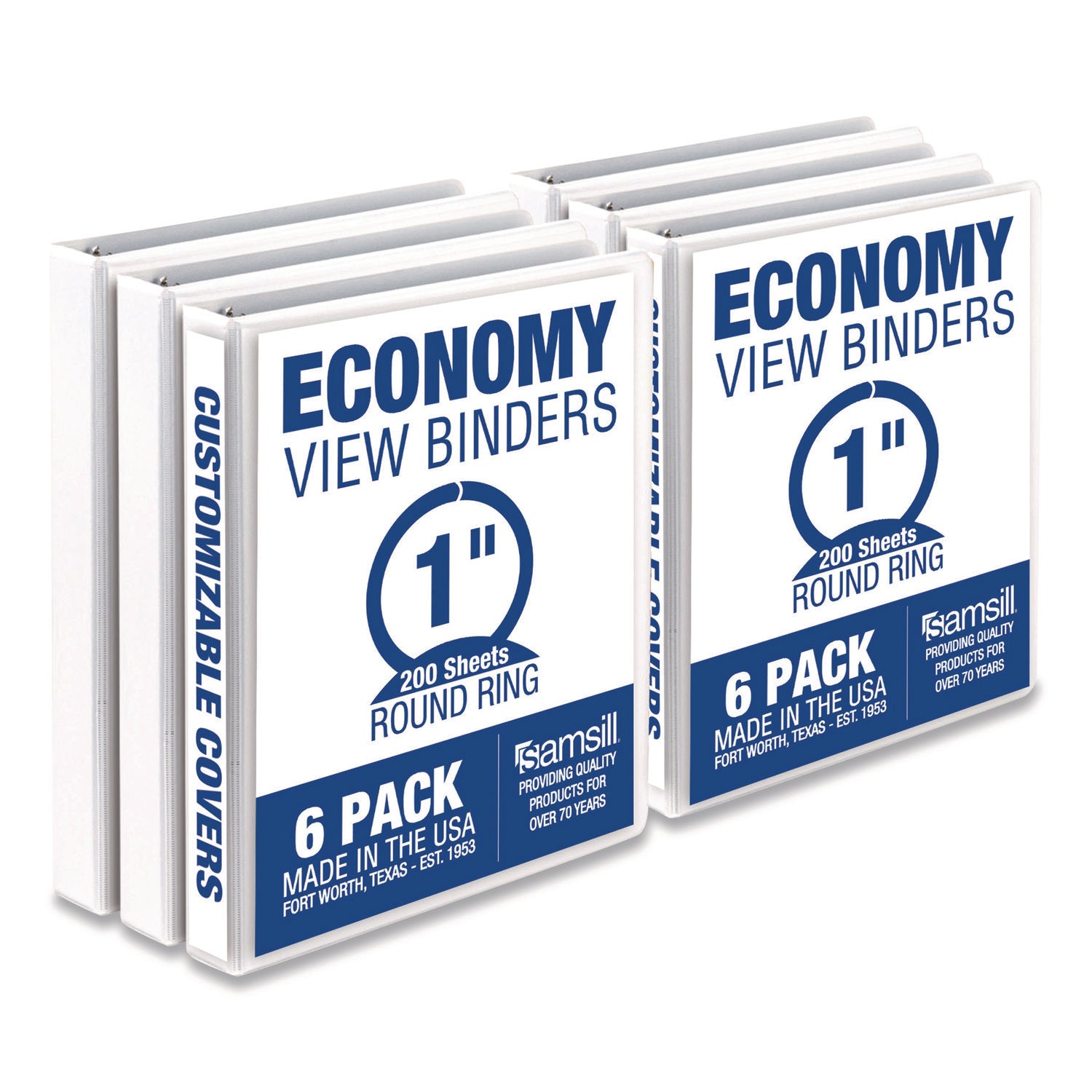 Samsill Economy View Binder - 1" Binder Capacity - 200 Sheet Capacity - 3 Ring(s) - Fastener(s): Round Ring - Polypropylene, Chipboard, Plastic - White - 4.02 lb - Recycled - Customizable Spine/Cover, Clear Overlay, Non-stick, Non-glare - 6 / Carton
