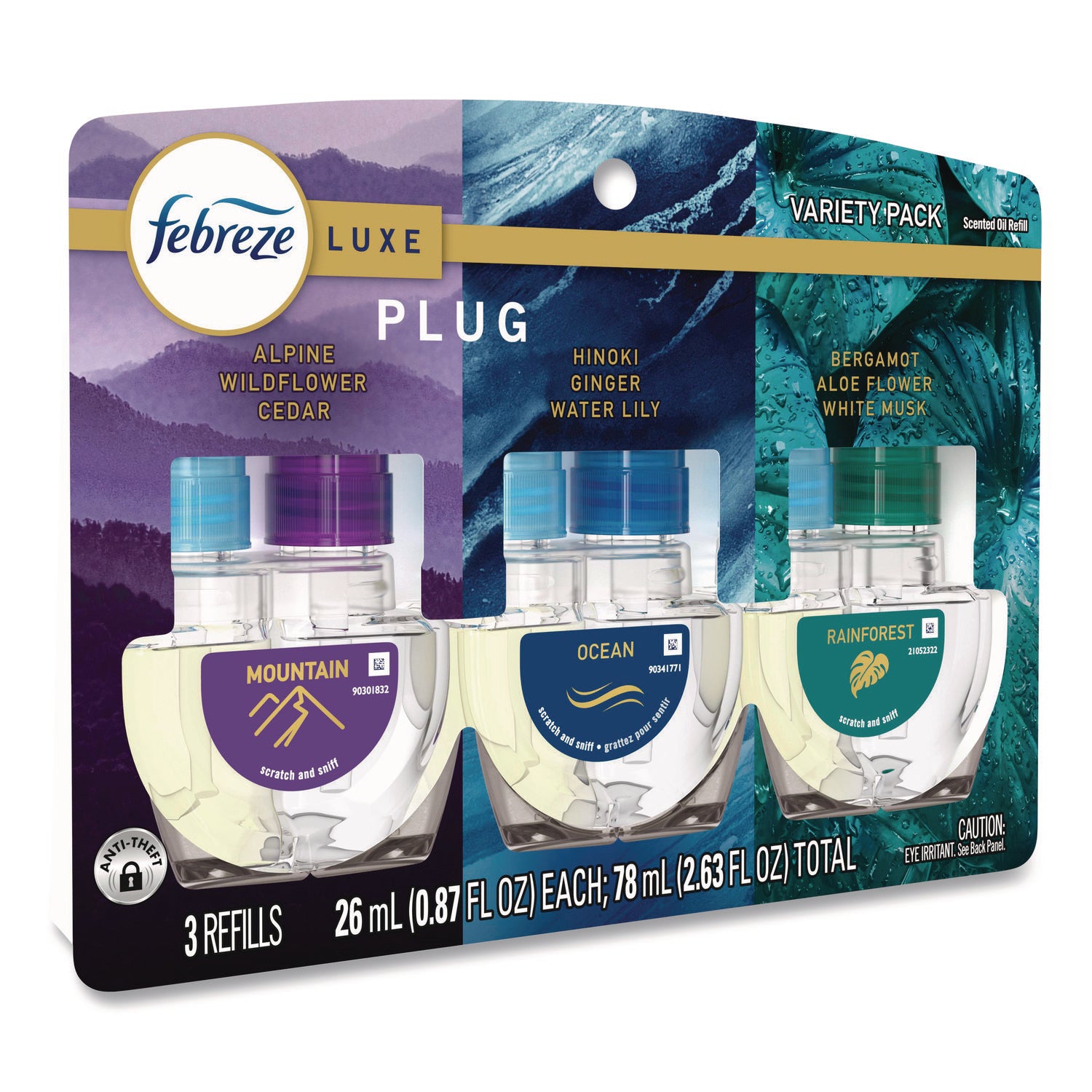 Febreze FadeDefy PLUG Air Freshener Refill, 2.63 oz, Mountain/Ocean/Rainforest Scents, 50 Day Odor Neutralizer, 3 Pack