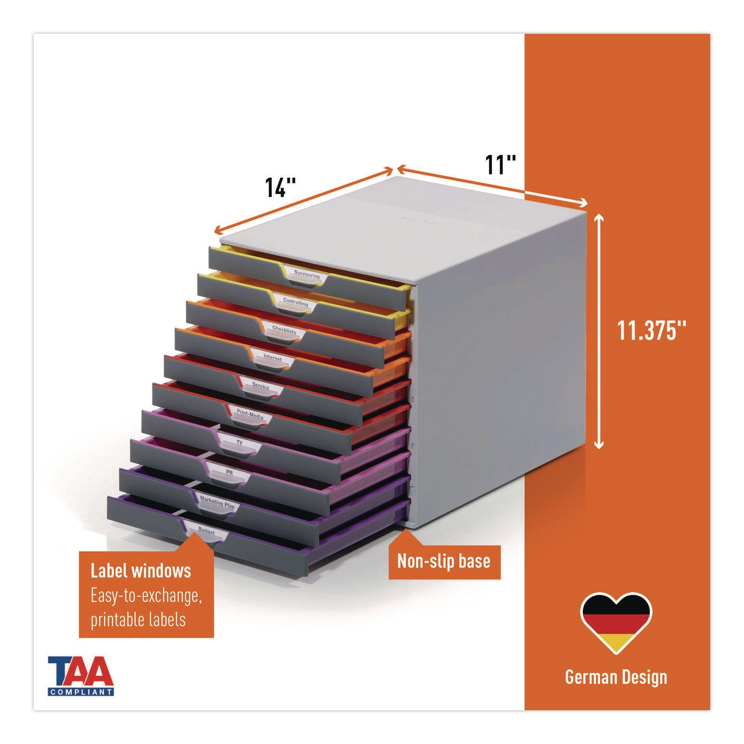 10 Drawer(s) - 11" Height x 11.50" Width x 14" Depth - Labeling Area, Stackable, Non-skid Feet - Gray - Plastic - 1 Each