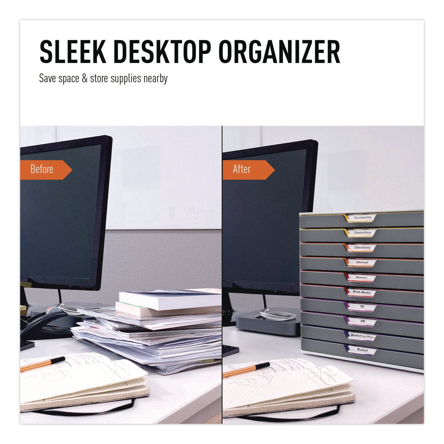 10 Drawer(s) - 11" Height x 11.50" Width x 14" Depth - Labeling Area, Stackable, Non-skid Feet - Gray - Plastic - 1 Each