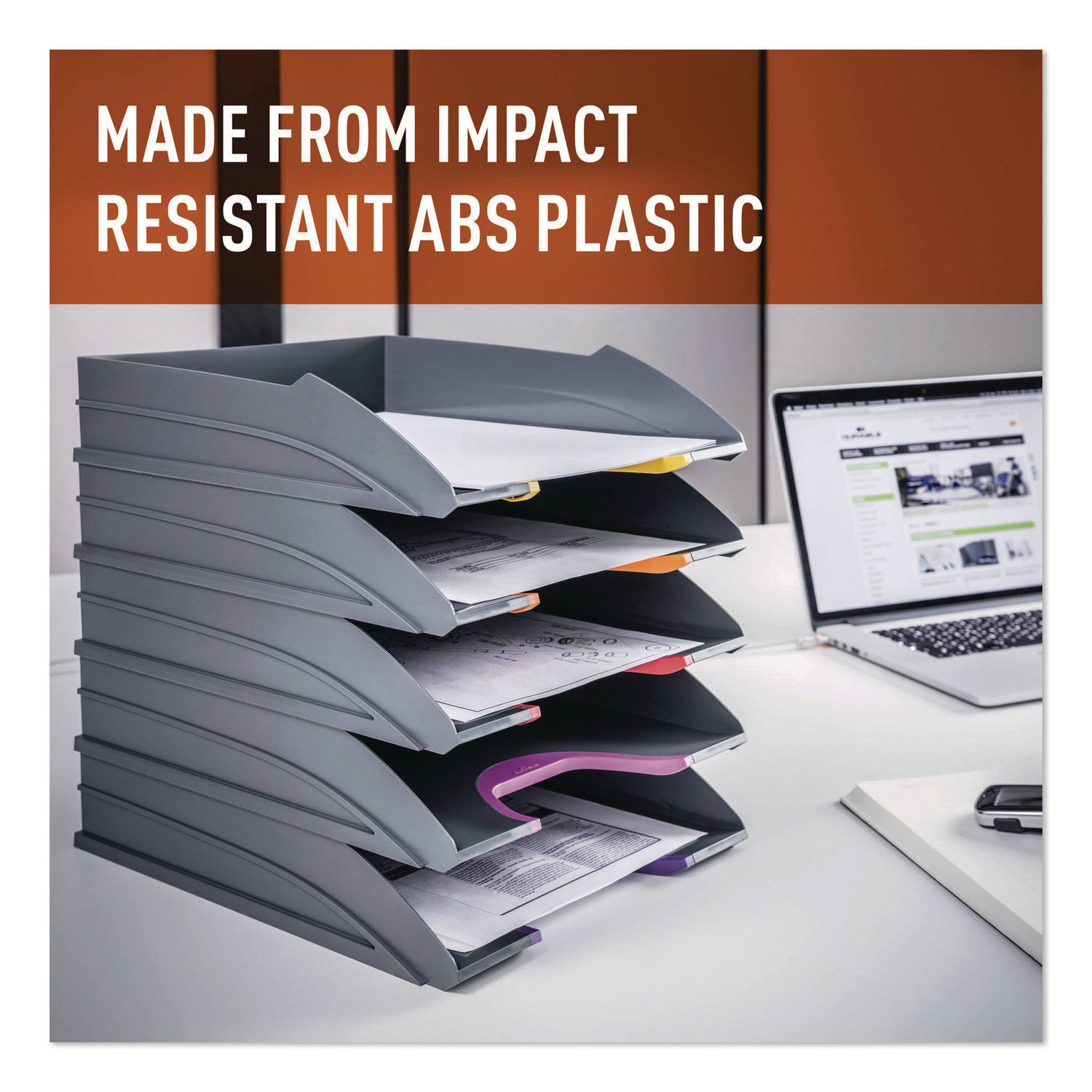 Desktop - Stackable, Front Cut-out - Gray - Plastic - 1 Pack
