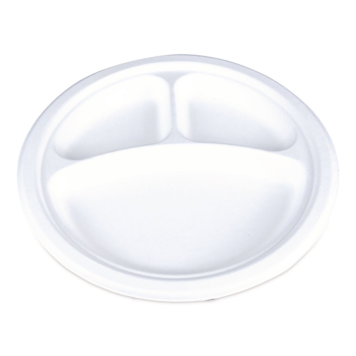 ChampWare Molded Fiber Tableware, 3-Compartment Plate, 10" dia, White, 125/Sleeve, 4 Sleeves/Carton