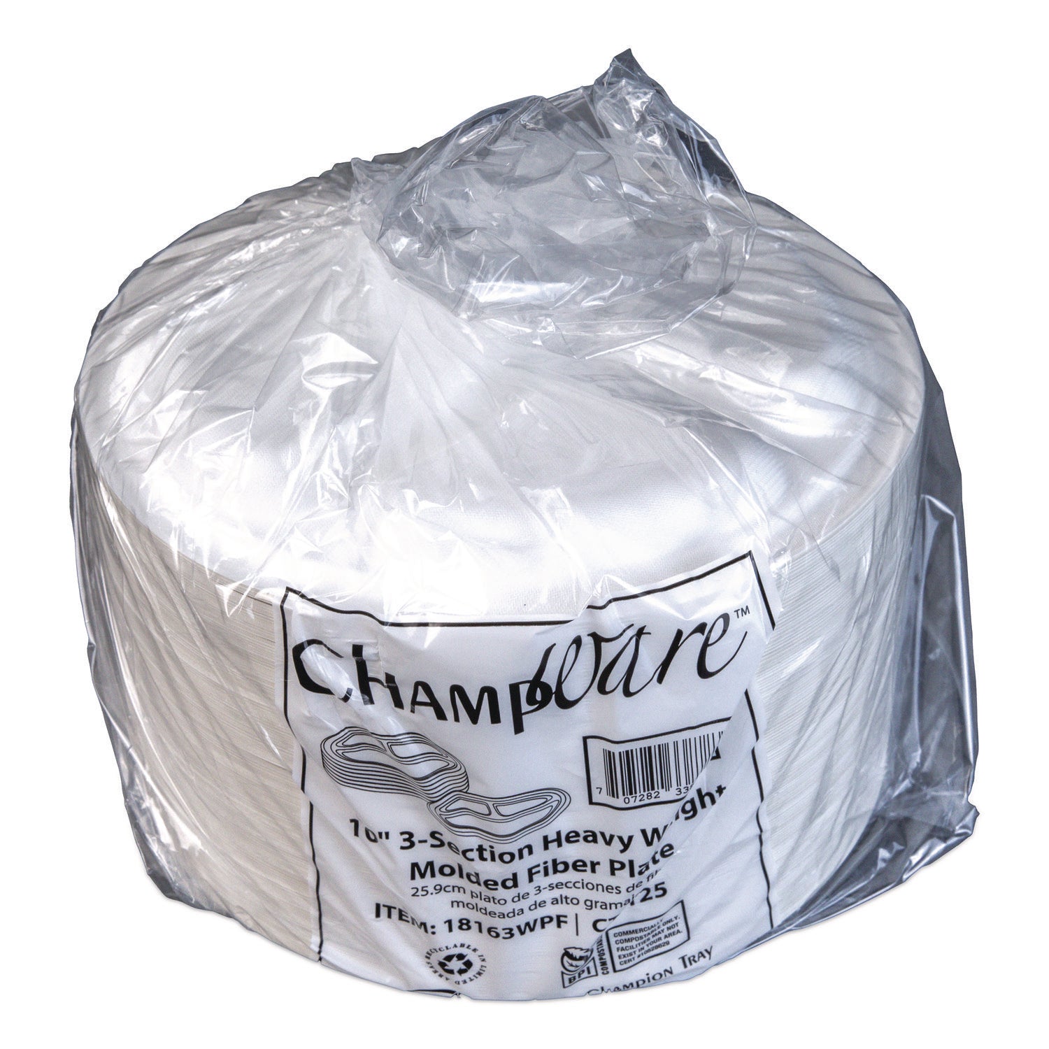 ChampWare Molded Fiber Tableware, 3-Compartment Plate, 10" dia, White, 125/Sleeve, 4 Sleeves/Carton