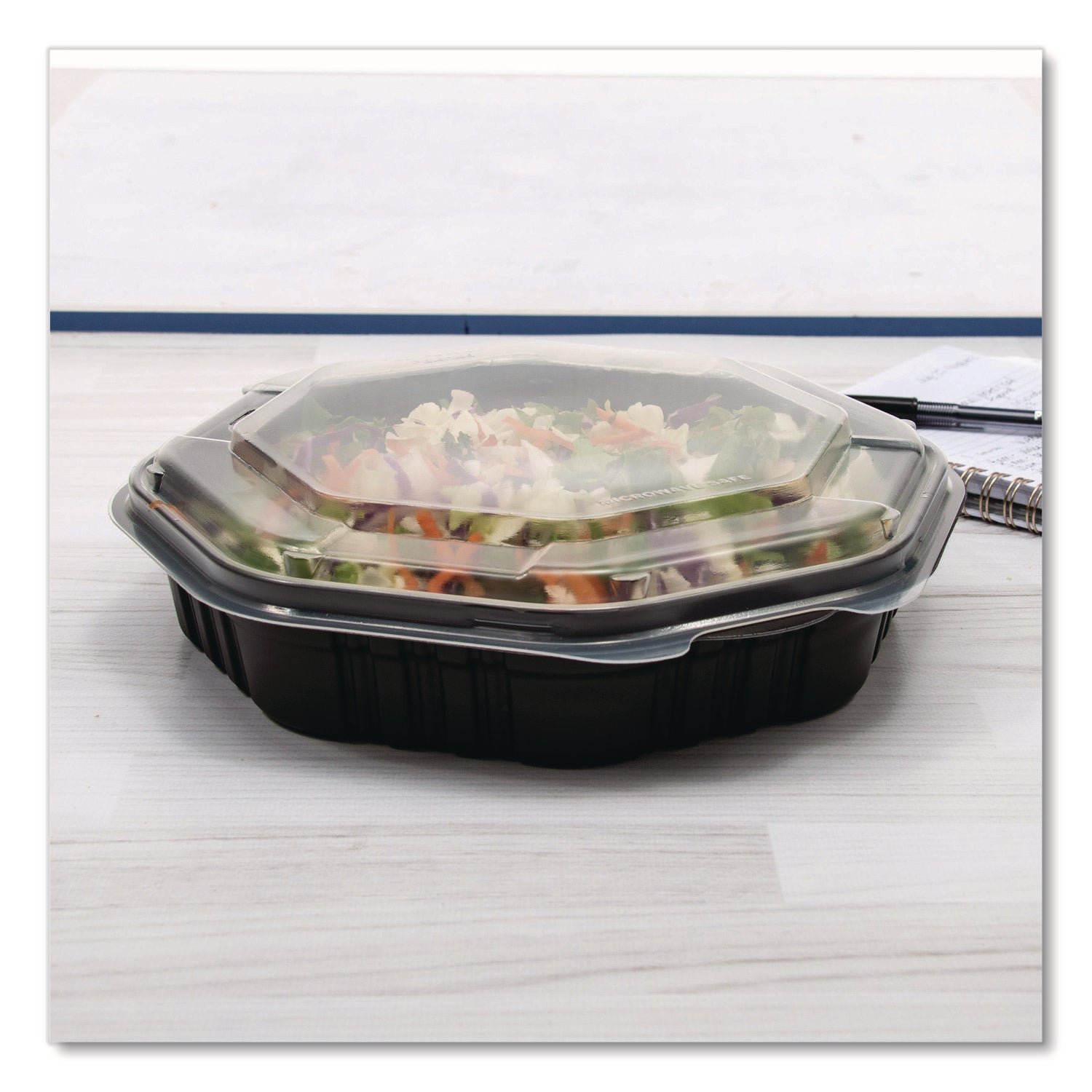 Creative Carryouts OctaView Hinged Lid Containers, 9.13 x 9.55 x 2.38, Black/Clear, Plastic, 100/Carton