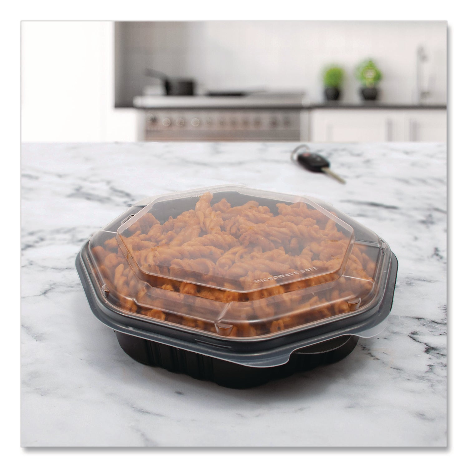 Creative Carryouts OctaView Hinged Lid Containers, 9.13 x 9.55 x 2.38, Black/Clear, Plastic, 100/Carton