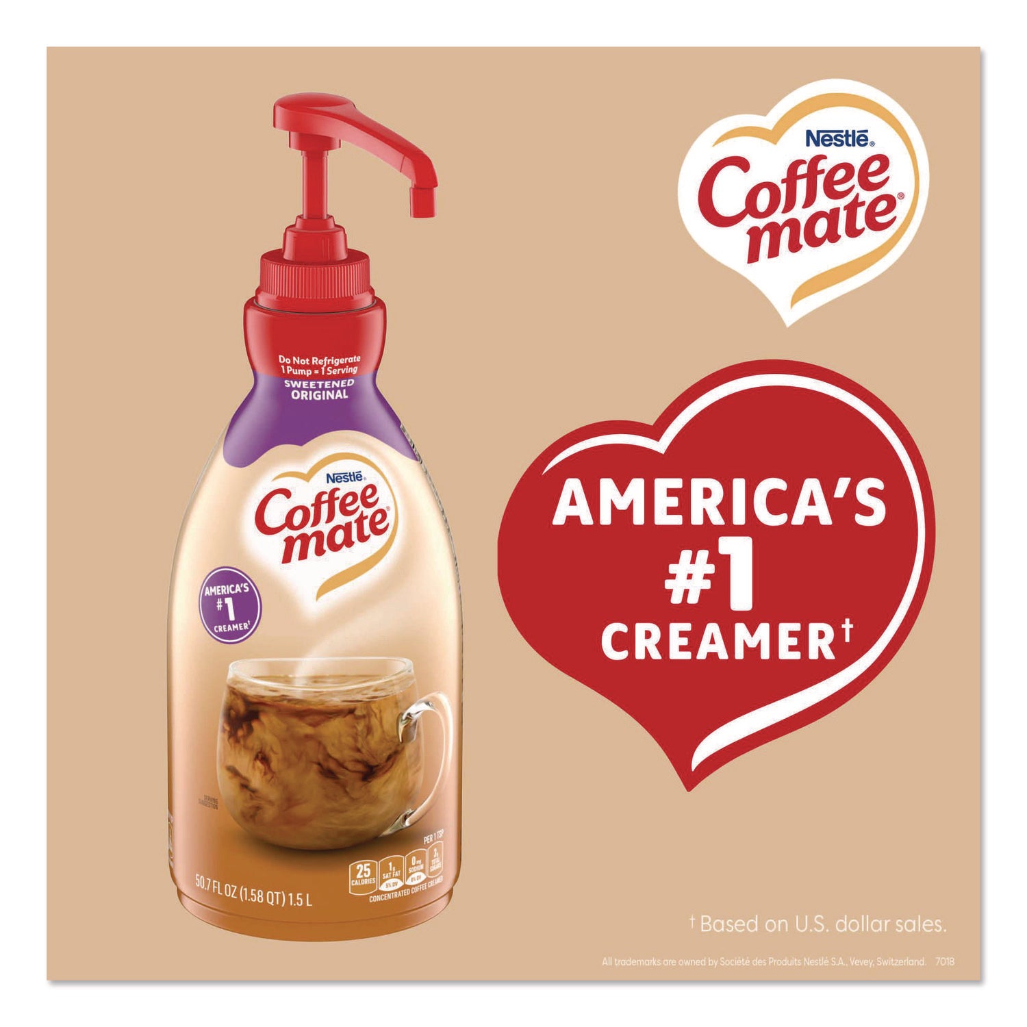 Coffee mate Sweetened Original Liquid Concentrate Coffee Creamer - Pump Bottle - Sweetened Original Flavor - 50.70 fl oz (1.50 L) - 300 Serving - 1 Each