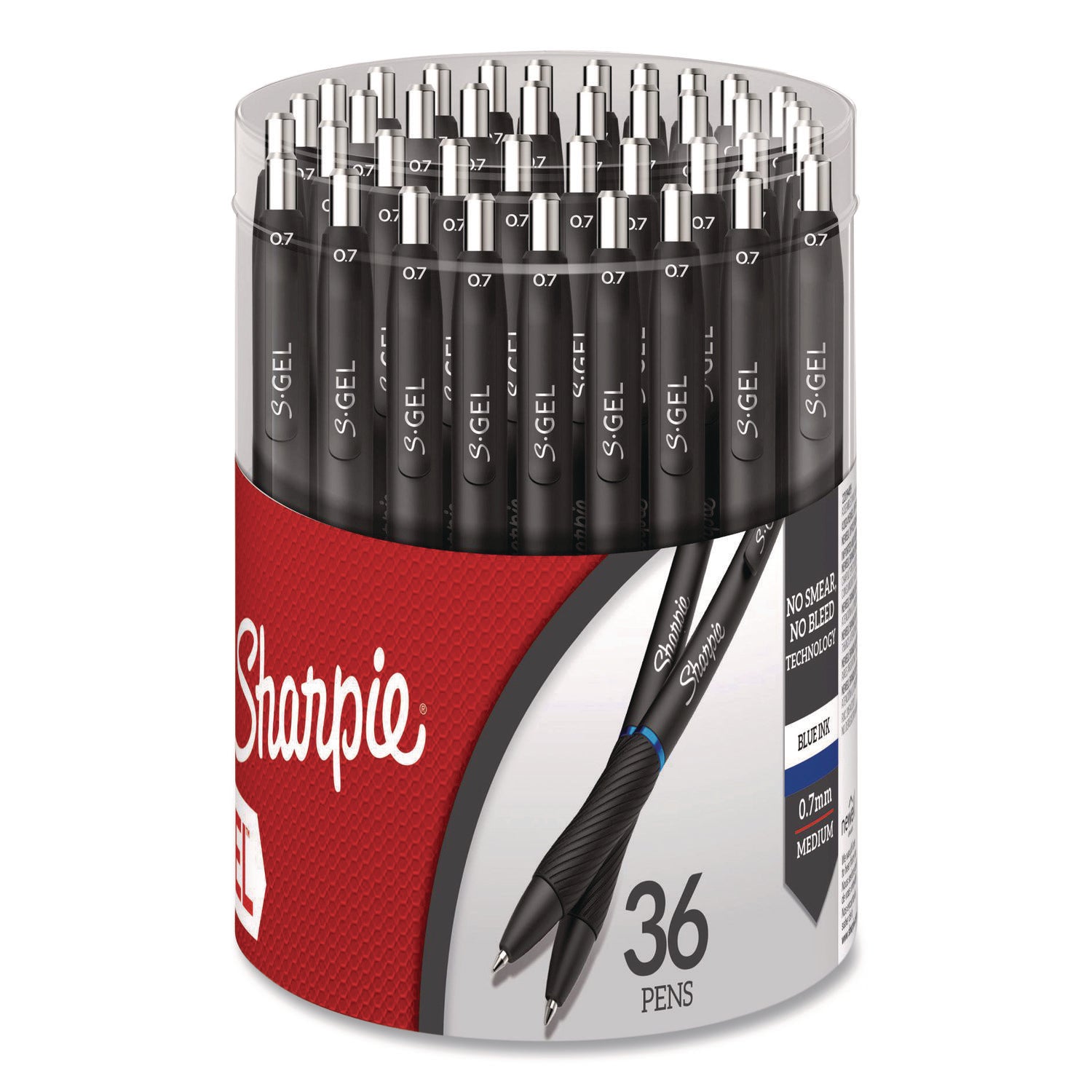 Sharpie S-Gel Pens, 0.7 mm Bullet Point, Retractable, Blue Ink, Black Barrel, 36/Box