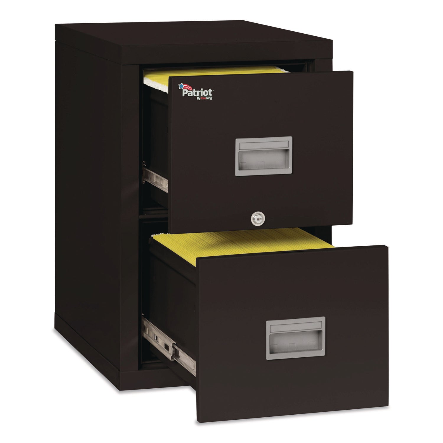 FireKing Patriot Series 2-Drawer Vertical File Cabinet, 17.7" W x 25" D x 27.7" H, Black, Steel/Gypsum, Fire Proof, Impact & Scratch Resistant, Locking Drawers, 1 Each