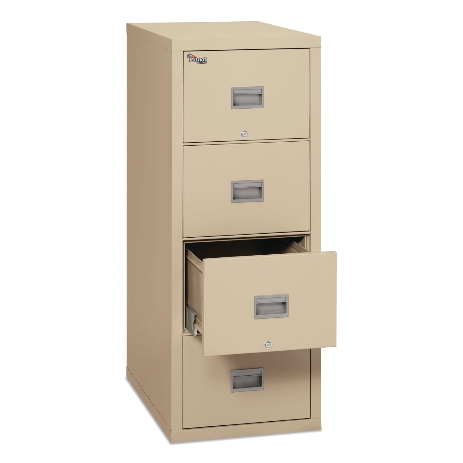 FireKing Patriot Series 4-Drawer Vertical File Cabinet, 17.7" W x 25" D x 52.8" H, Legal/Letter Size, Fire Proof, Impact & Scratch Resistant, Locking Drawers, Ball Bearing Slides, Parchment, 1 Each