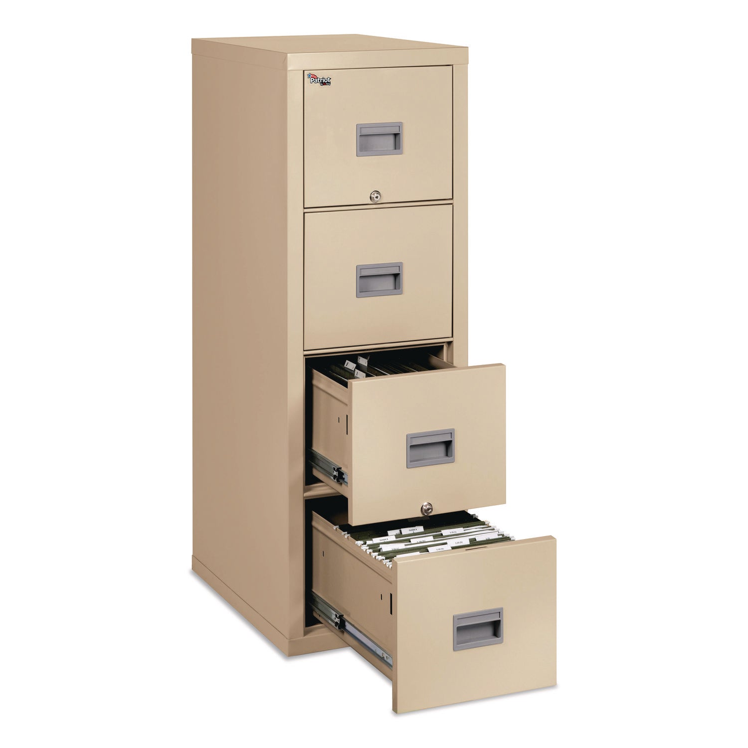 FireKing Patriot Series 4-Drawer Vertical File Cabinet, 17.7" W x 25" D x 52.8" H, Legal/Letter Size, Fire Proof, Impact & Scratch Resistant, Locking Drawers, Ball Bearing Slides, Parchment, 1 Each