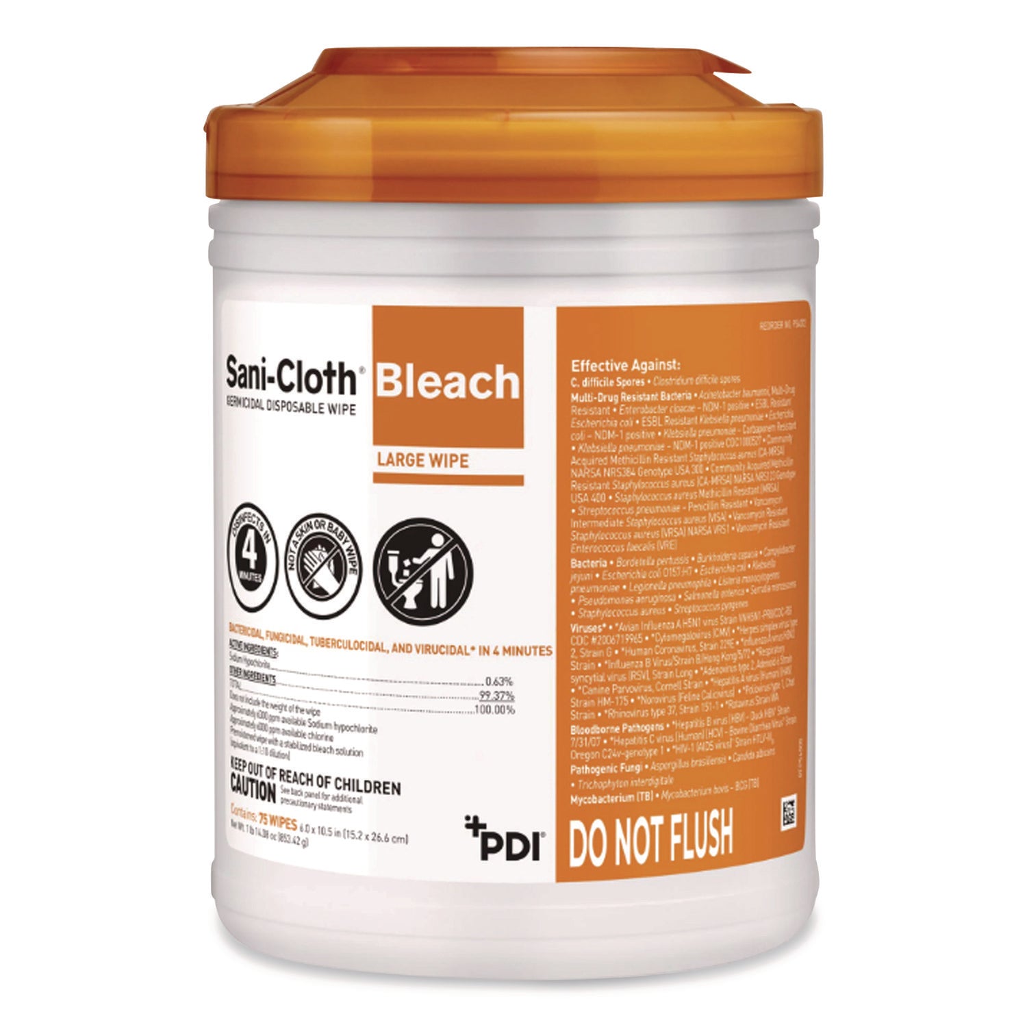 Sani-Cloth Bleach Germicidal Disposable Wipes, Deep-Well Lid Canister, 10.5 X 6, 75/canister