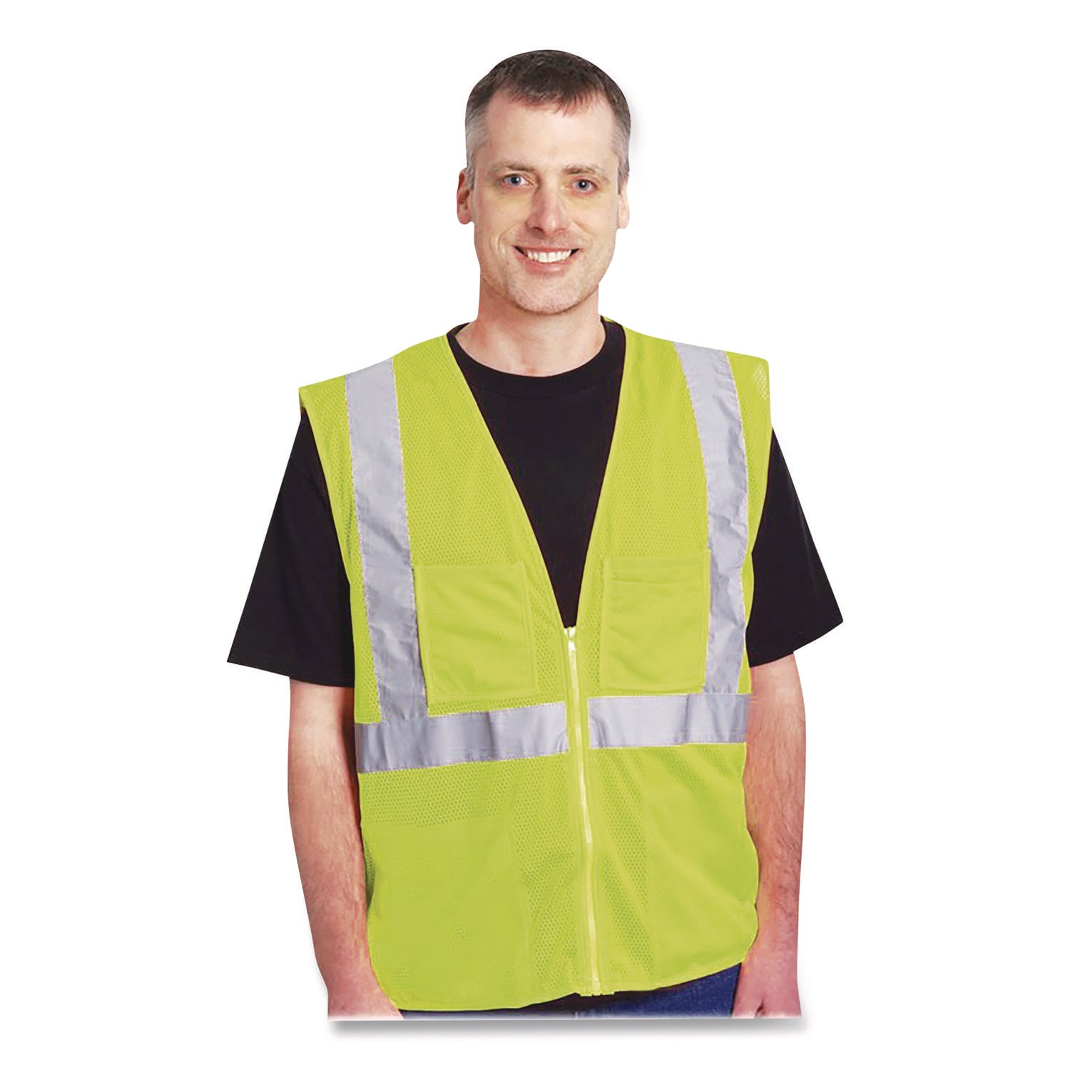 ANSI Class 2 Two-Pocket Zipper Mesh Safety Vest, Large, Hi-Viz Lime Yellow