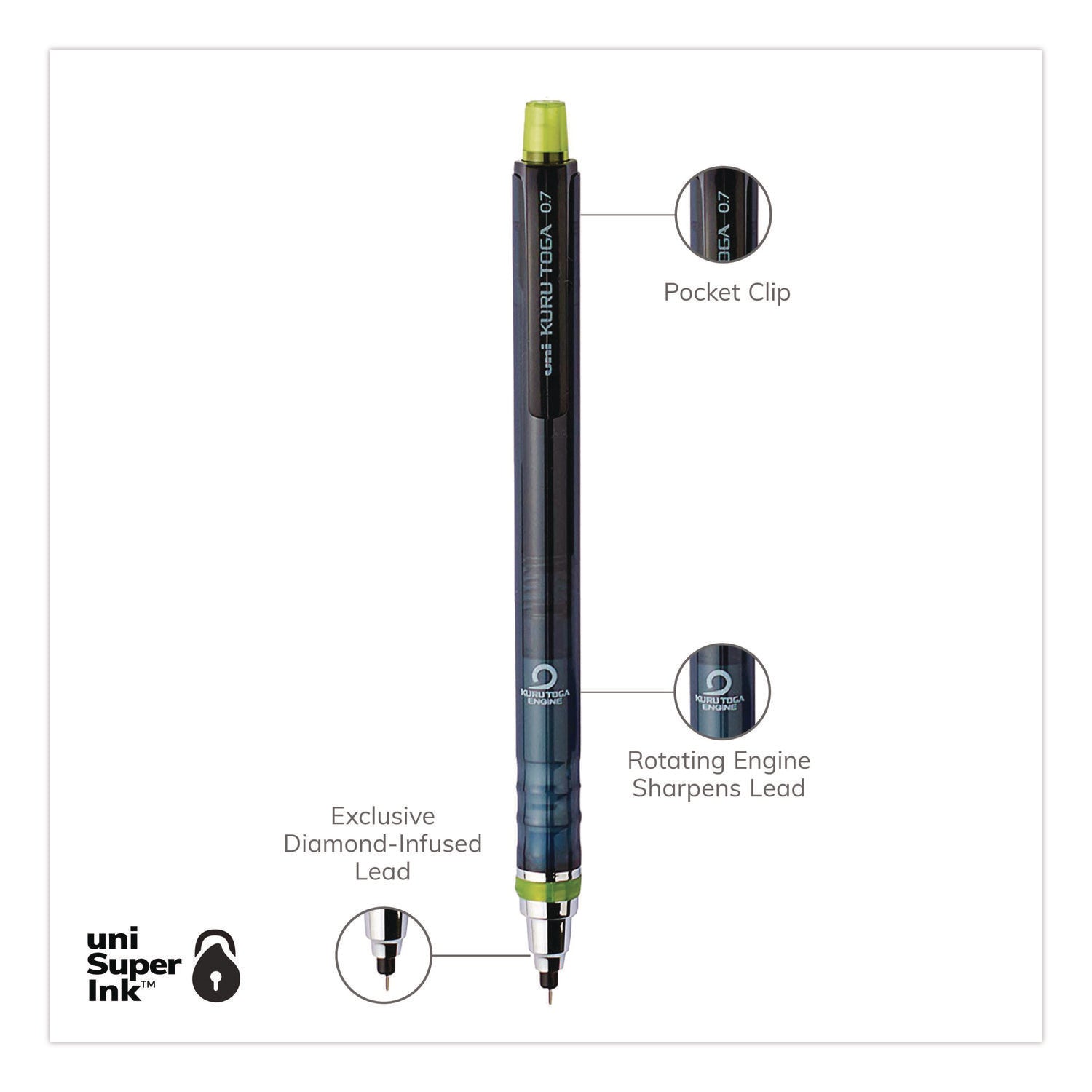 KuruToga Mechanical Pencil with Tube of Diamond Lead, 0.7 mm, HB (#2), Black Lead, Black/Green Barrel