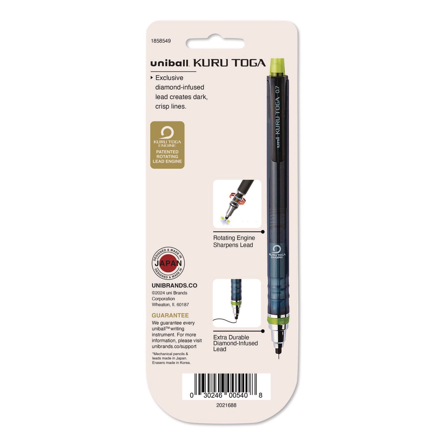 KuruToga Mechanical Pencil with Tube of Diamond Lead, 0.7 mm, HB (#2), Black Lead, Black/Green Barrel