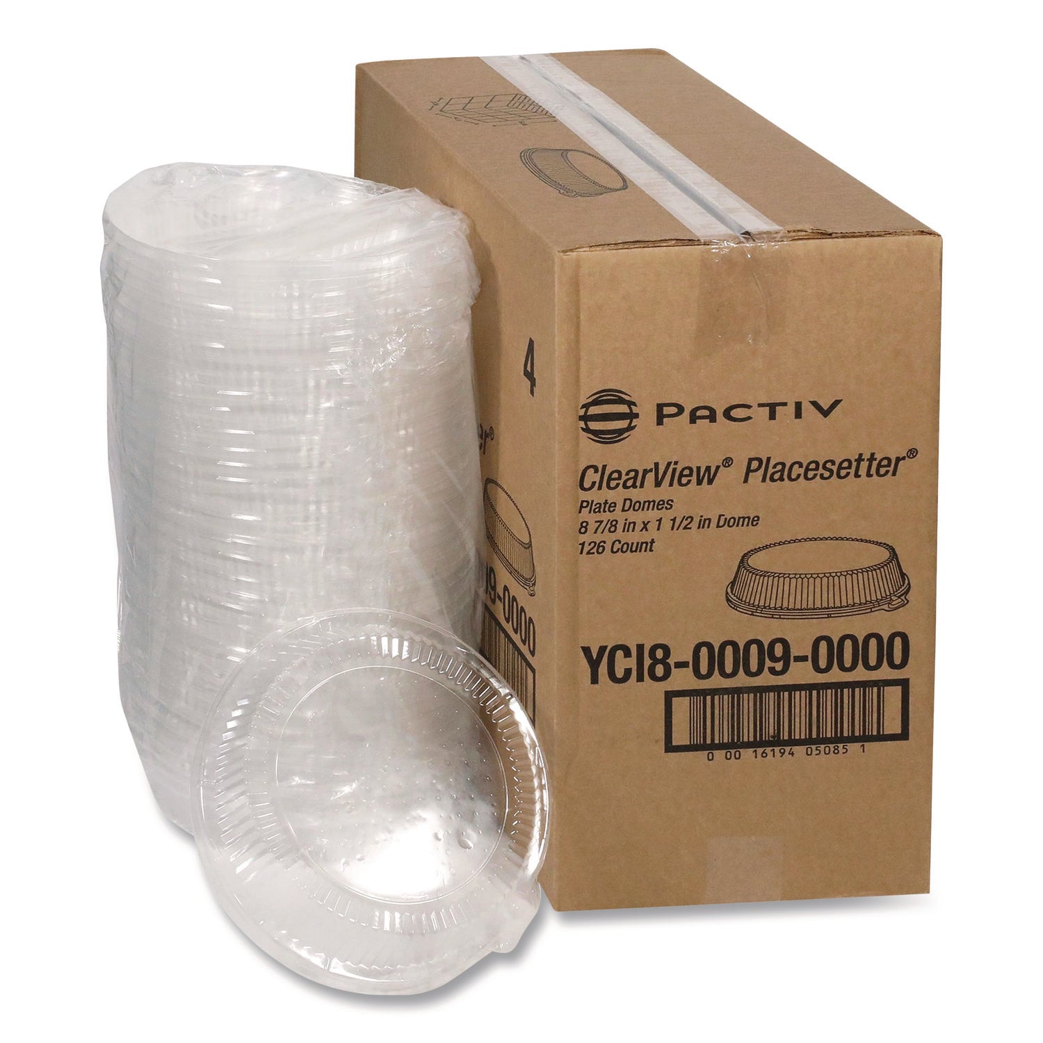 ClearView Dome-Style Lid with Tabs, 8.75" Diameter x 0.8" h, Clear, Plastic, 126/Carton