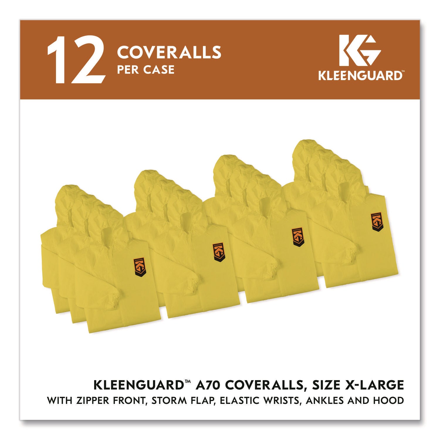 A70 Chemical Spray Protection Coveralls, Elastic Wrists, Ankles, Hood, XL, Yellow, 12/Carton