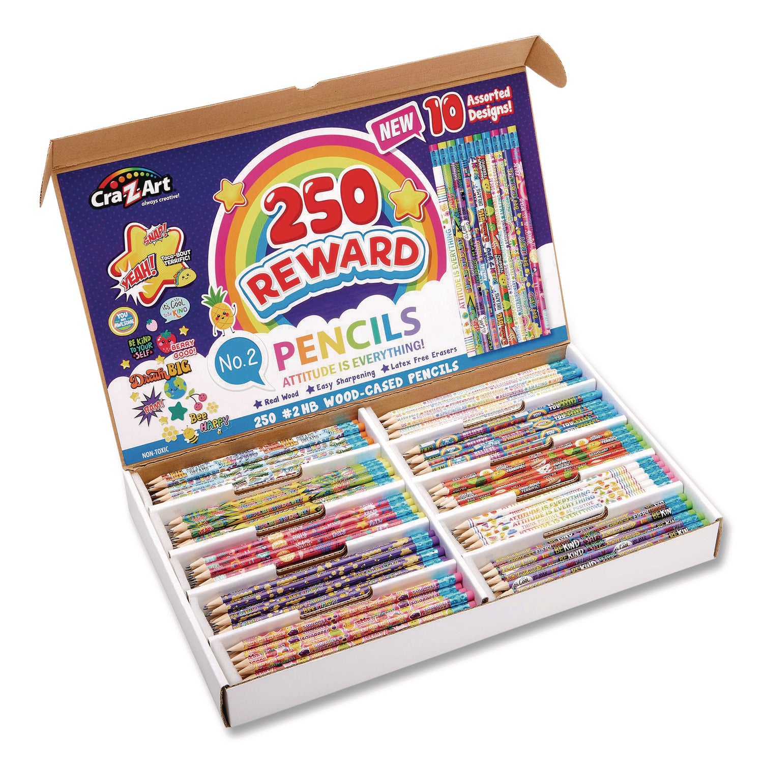 Pencils Motivational Classpack, #2 Black Lead, Assorted Barrels, 10 Designs, 250 Pencils/Set