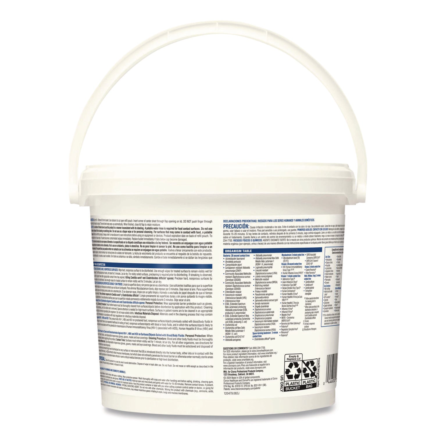 Bleach Germicidal Wipes, 1-Ply, 12 x 12, Unscented, White, 110/Bucket, 2 Buckets/Carton