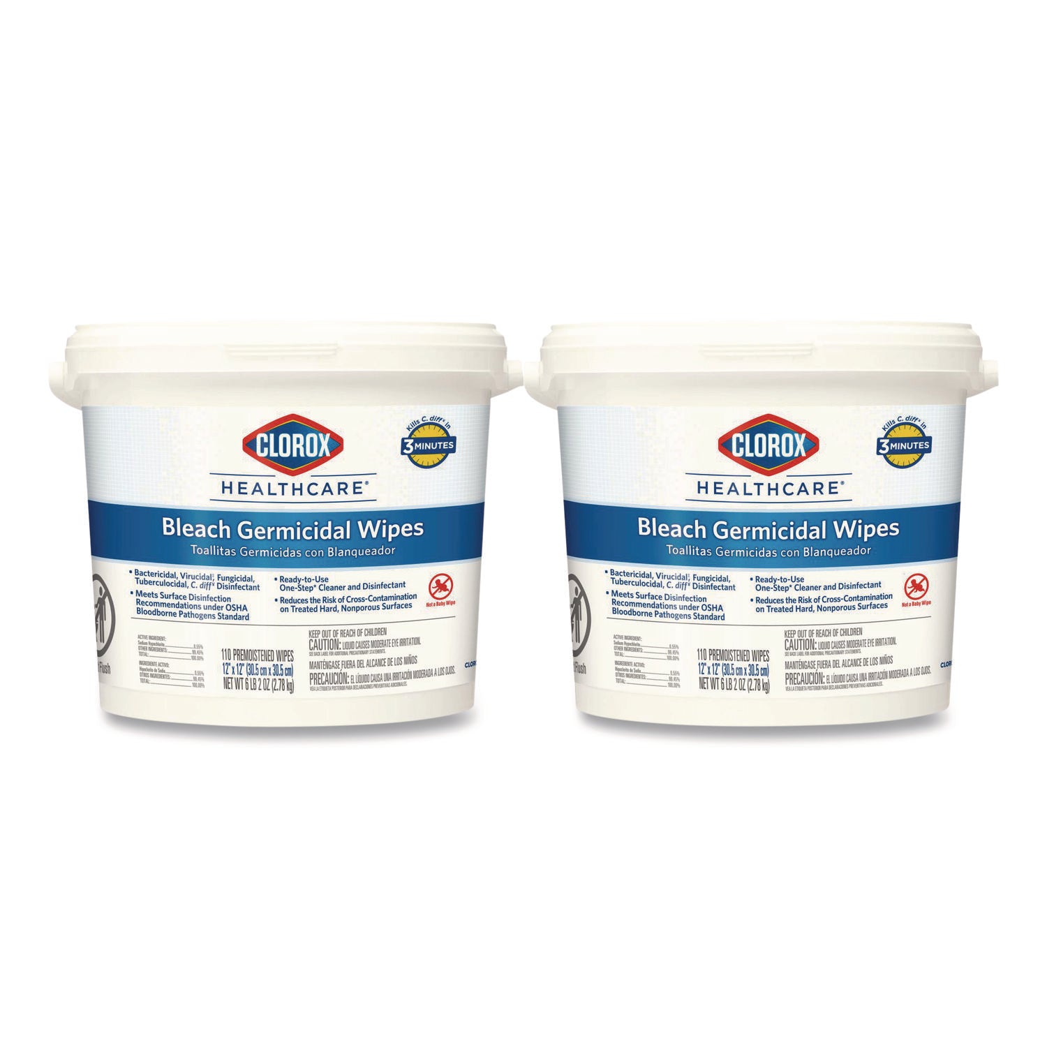 Bleach Germicidal Wipes, 1-Ply, 12 x 12, Unscented, White, 110/Bucket, 2 Buckets/Carton