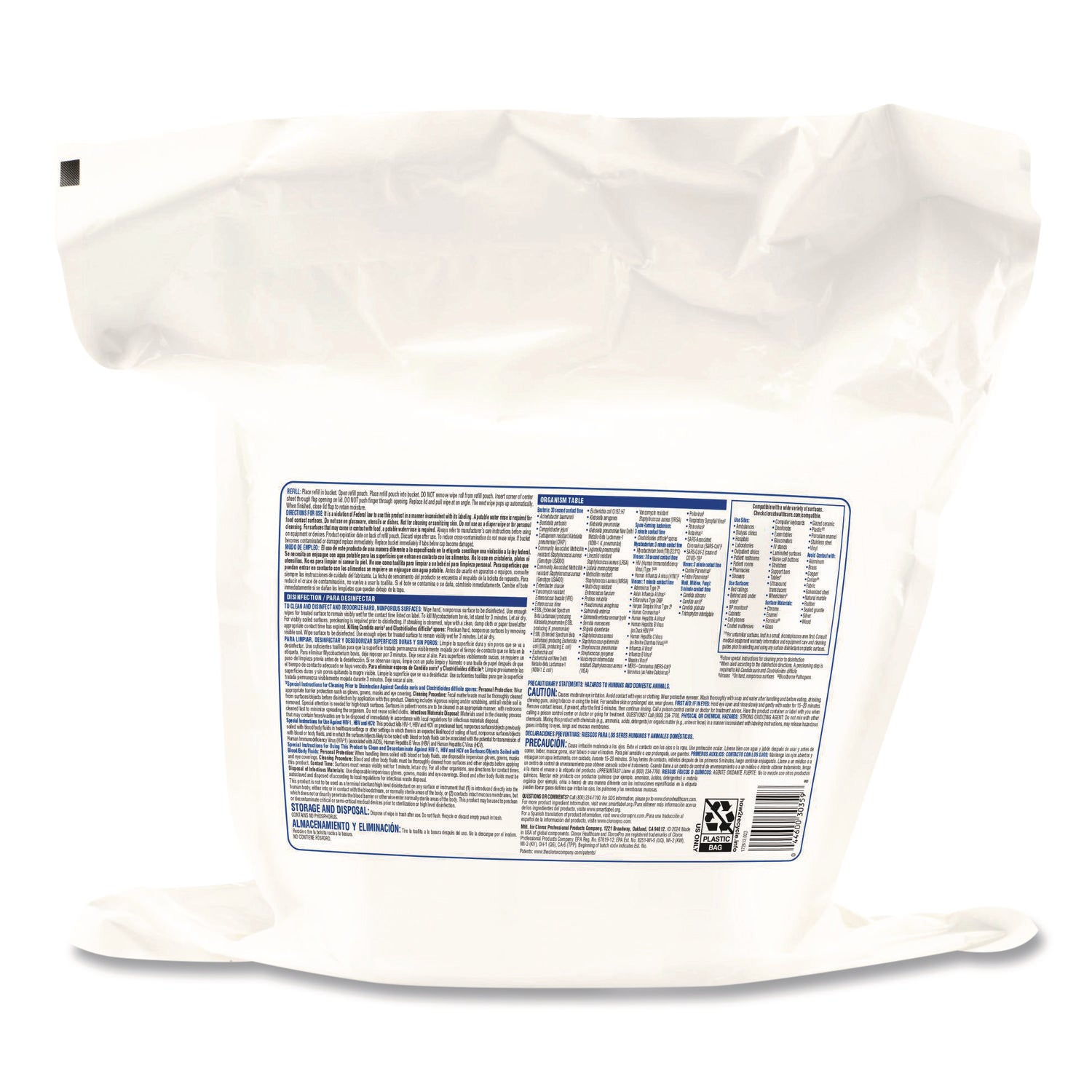 Bleach Germicidal Wipes, 1-Ply, 12 x 12, Unscented, White, 110/Refill, 2 Refills/Carton