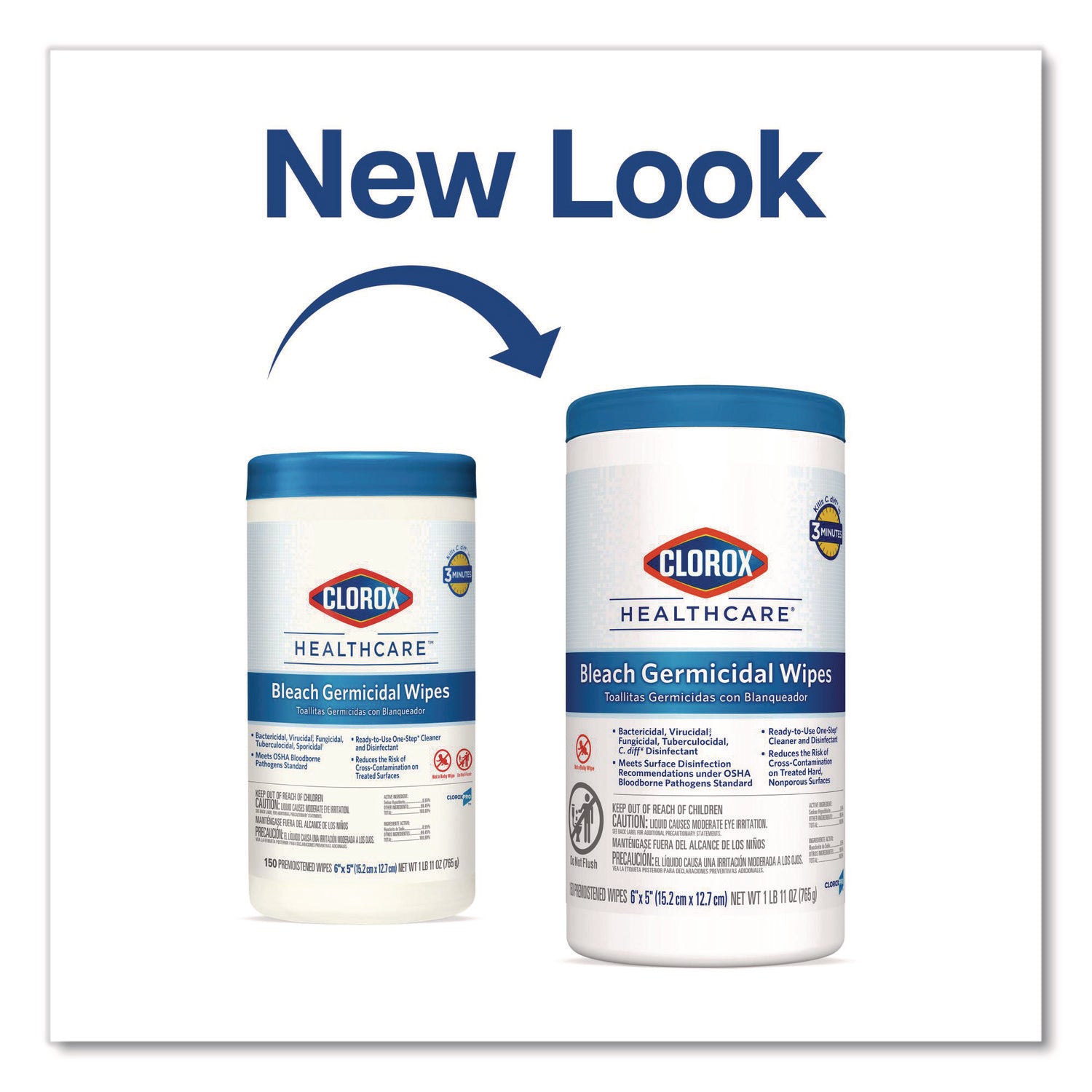 Bleach Germicidal Wipes, 1-Ply, 6 x 5, Unscented, White, 150/Canister, 6 Canisters/Carton