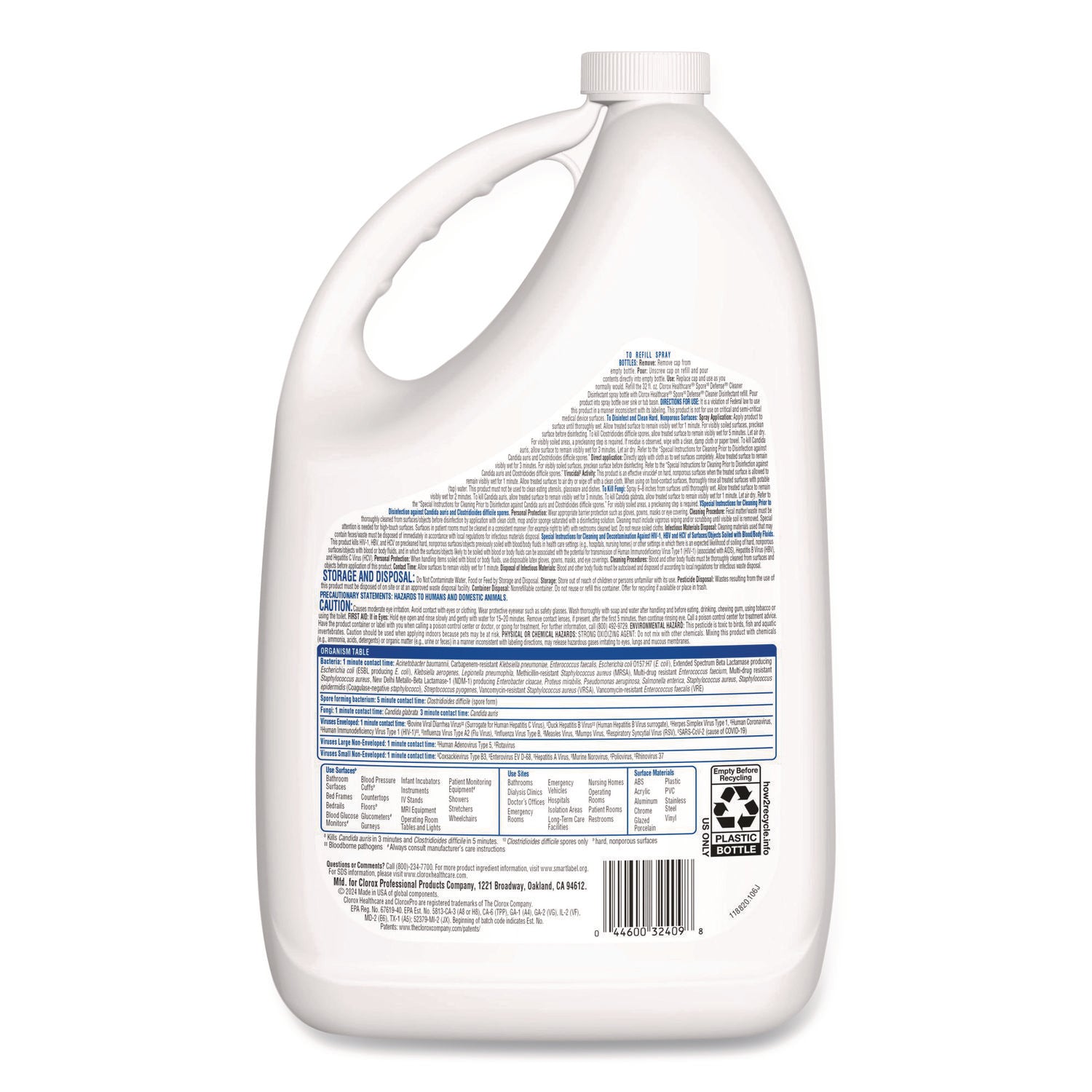 Spore Defense Cleaner Disinfectant, Open System, 1 gal Refill Bottle, 4/Carton