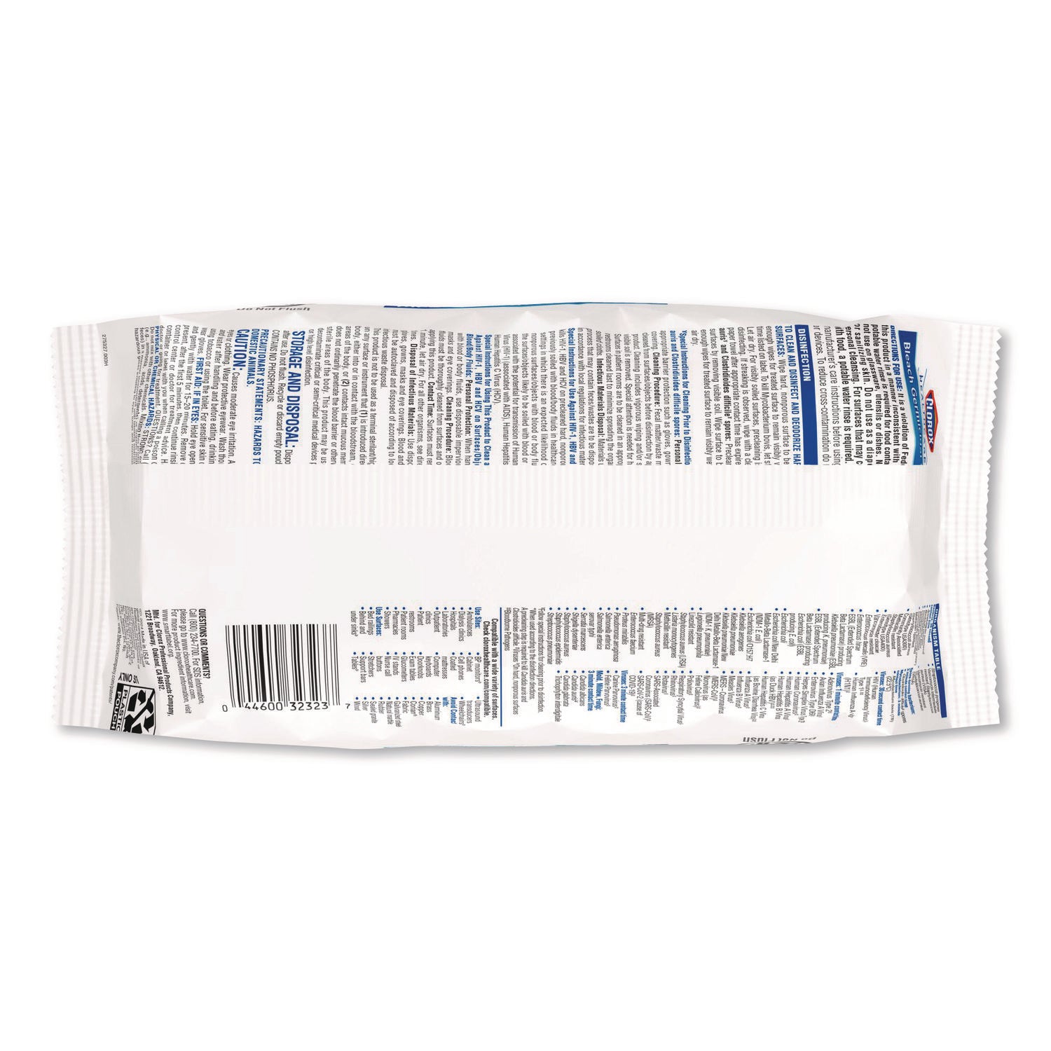 Bleach Germicidal Wipes, Disinfectant Wipes, 1-Ply, 6.75 x 9, Unscented, White, 100 Wipes/Flex-Pack, 6 Flex-Packs/Carton