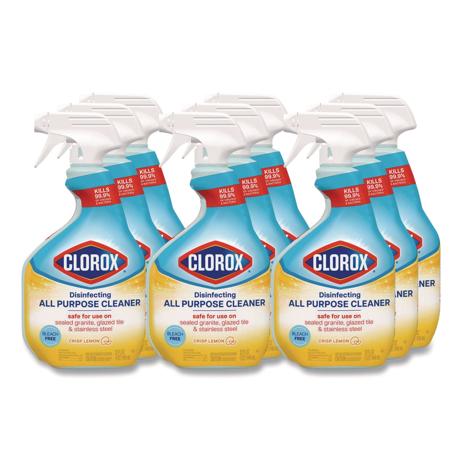Disinfecting All Purpose Cleaner Spray, Crisp Lemon Scent, 32 oz Bottle, 9/Carton