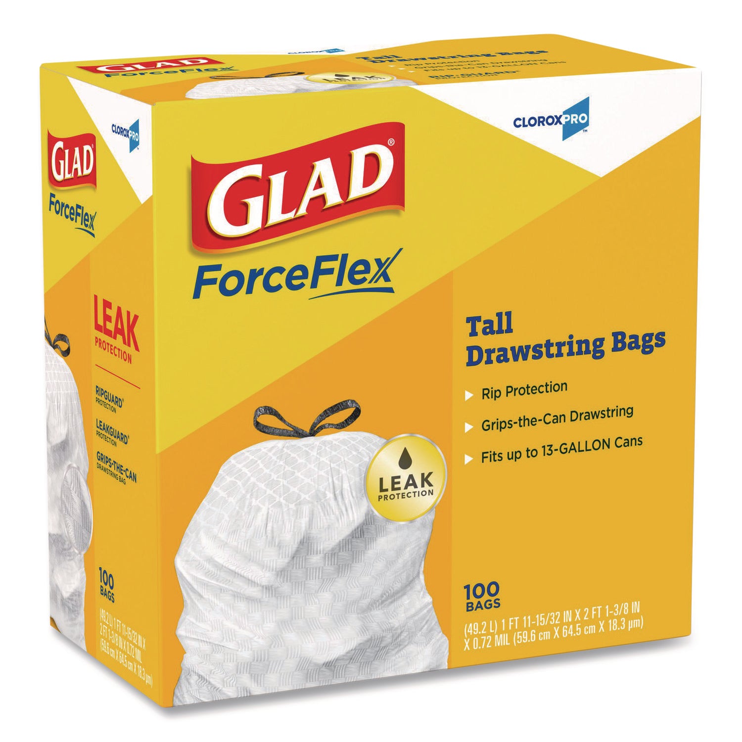 CloroxPro ForceFlex Tall Kitchen Drawstring Trash Bags, 13 gal, 24 x 27.38, Gray, 100 Bags/Box, 4 Boxes/Carton