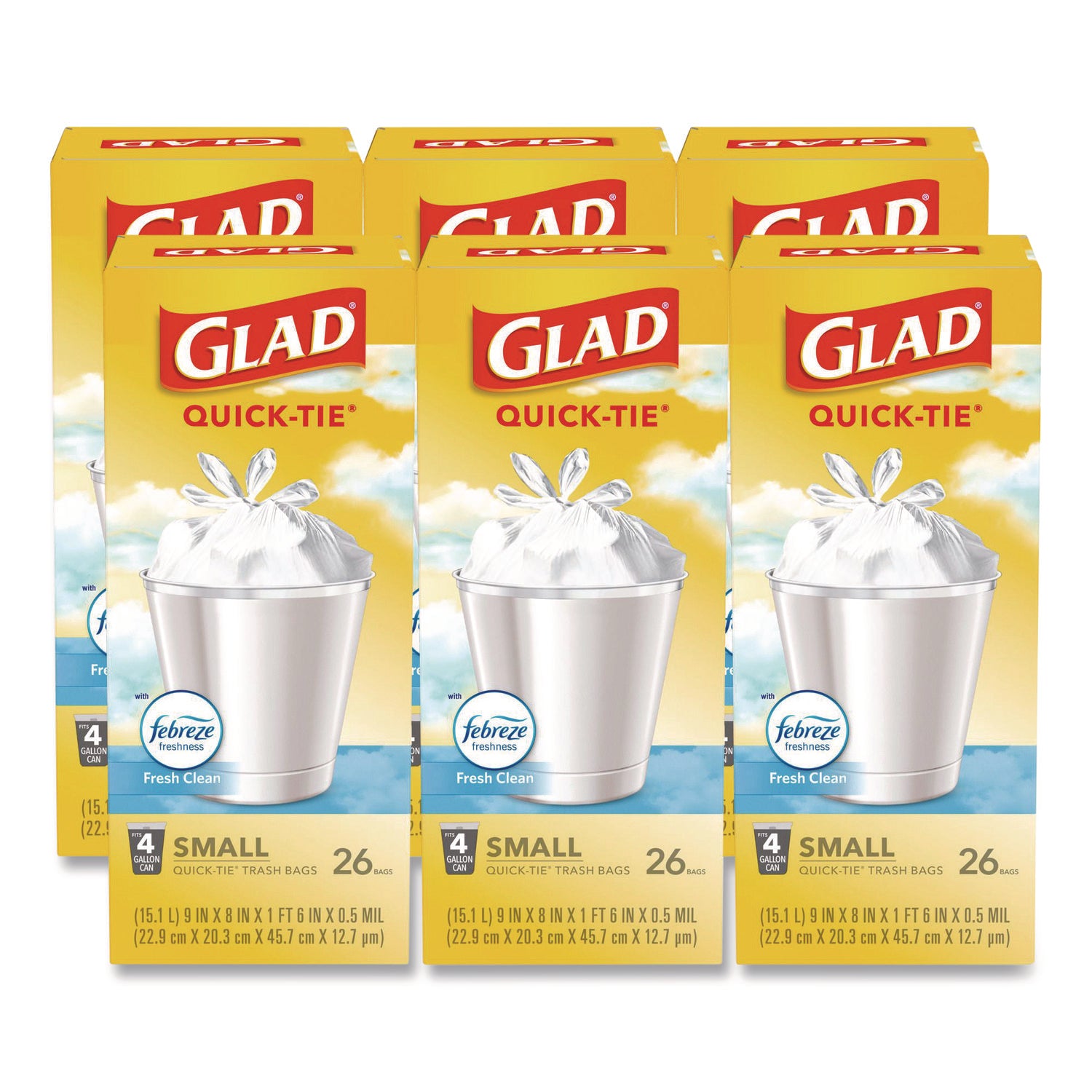 OdorShield Quick-Tie Small Trash Bags, Tie-Flap, 4 gal, Febreze Fresh Clean Scent, 8 x 18, White, 26 Bags/Box, 6 Boxes/Carton
