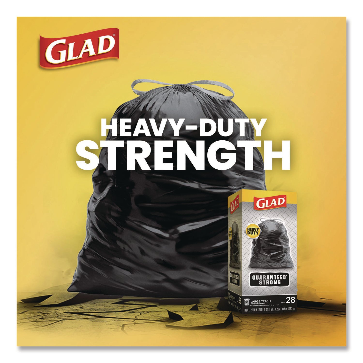 Guaranteed Strong Large Drawstring Trash Bags, Three-Ply, 30 gal, 1.05 mil, 30 x 33, Black, 28 Bags/Box, 6 Boxes/Carton