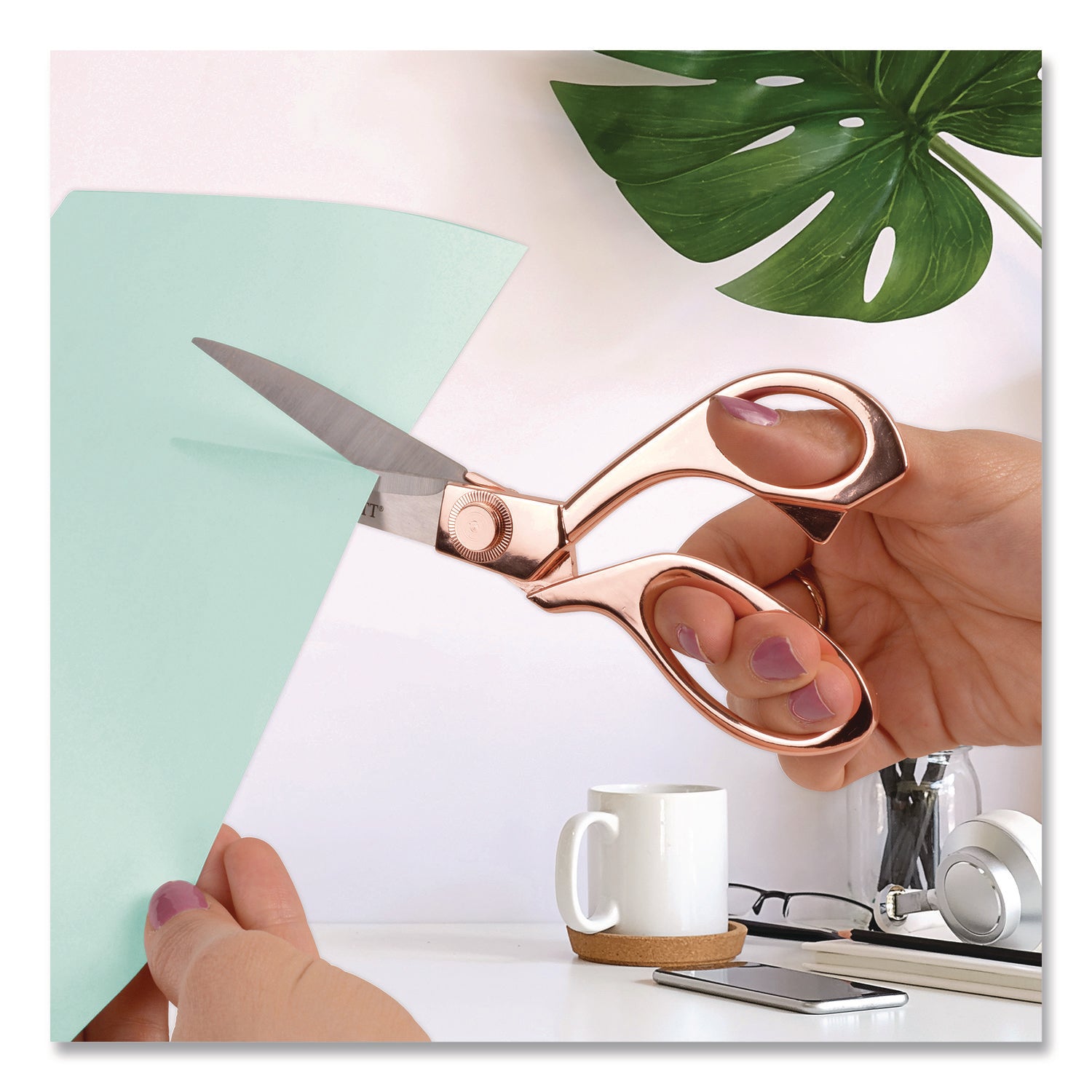 Vintage Stainless Steel Scissors, 8" Long, Offset Rose Gold Handle