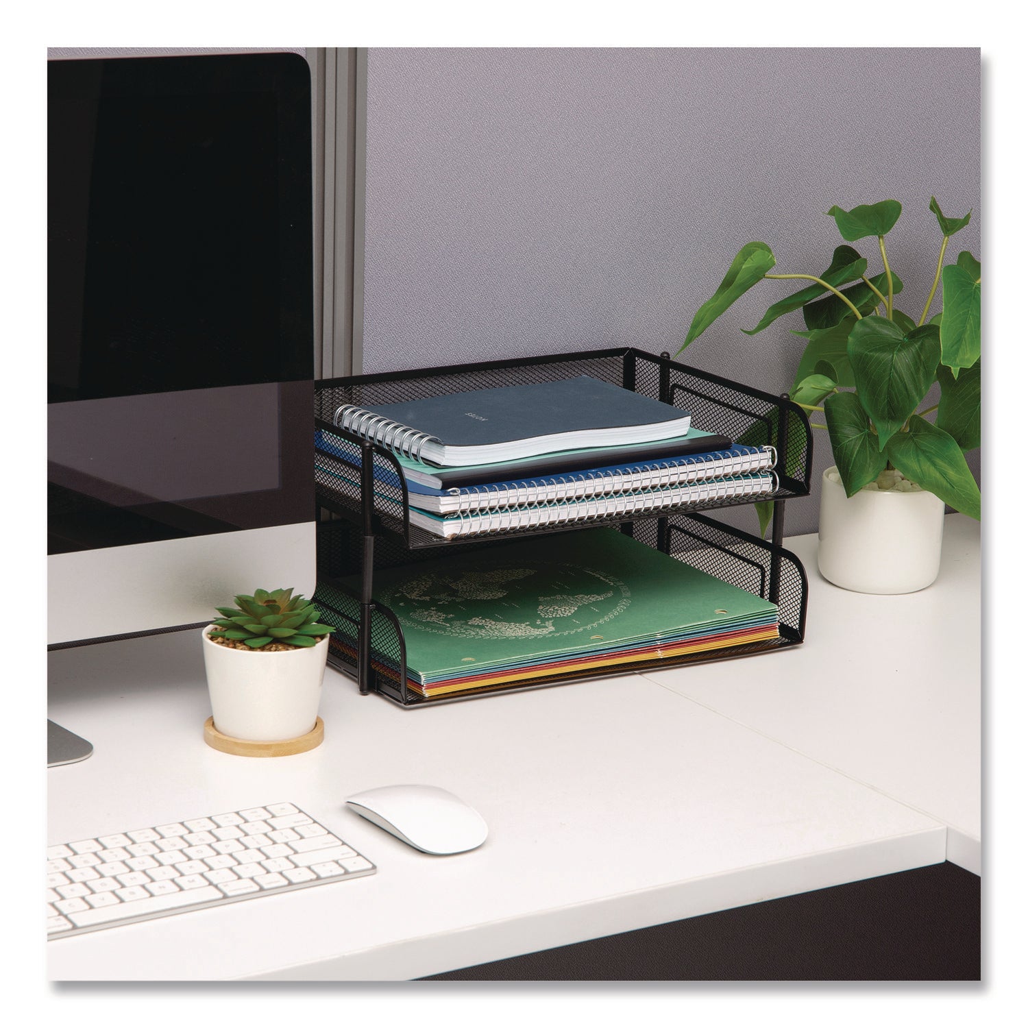 Mind Reader Tiered Stackable Paper Trays, 2 Tiers, Vertical, 7.25" H x 10" W x 13.50" D, Steel Mesh, Black, 1 Each