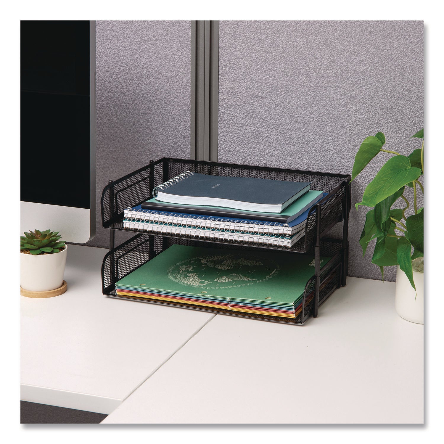 Mind Reader Tiered Stackable Paper Trays, 2 Tiers, Vertical, 7.25" H x 10" W x 13.50" D, Steel Mesh, Black, 1 Each