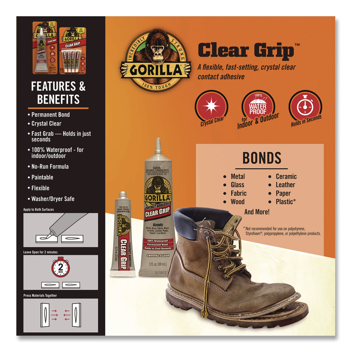 Clear Grip Contact Adhesive, 3 oz Tube, Dries Clear